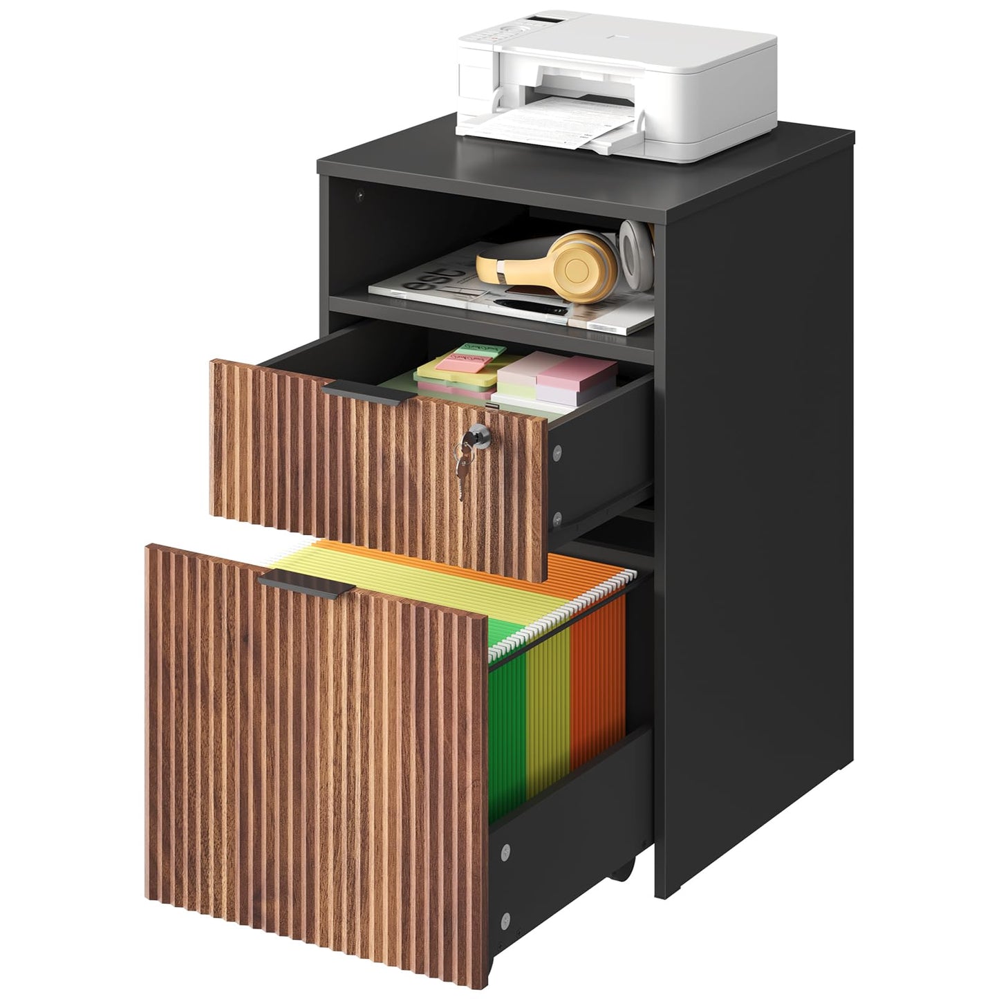 CHOEZON File Cabinet, Fluted File Storage Cabinet with Lockable Drawer, Rolling Storage Cabinet on Wheels, Under-Desk Storage, Printer Stand, for Office and Study, Black and Dark Walnut MWJ07BL