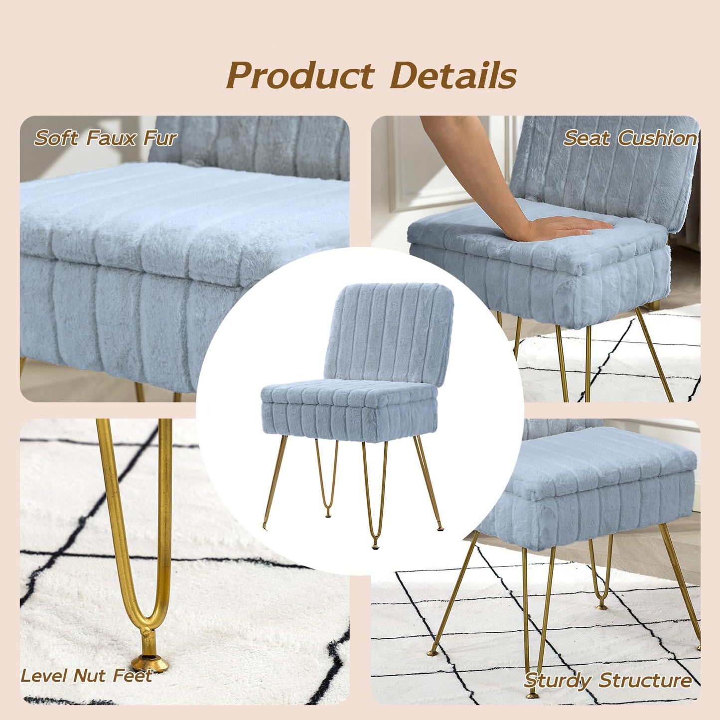 Manyday Vanity Chair with Storage, Comfy Ottoman with Folding Back, Faux Fur Vanity Stool with 4 Metal Legs for Make Up, Furry Padded Seat with Anti-Slip Feet for Bedroom Dressing Room, MistyBlue