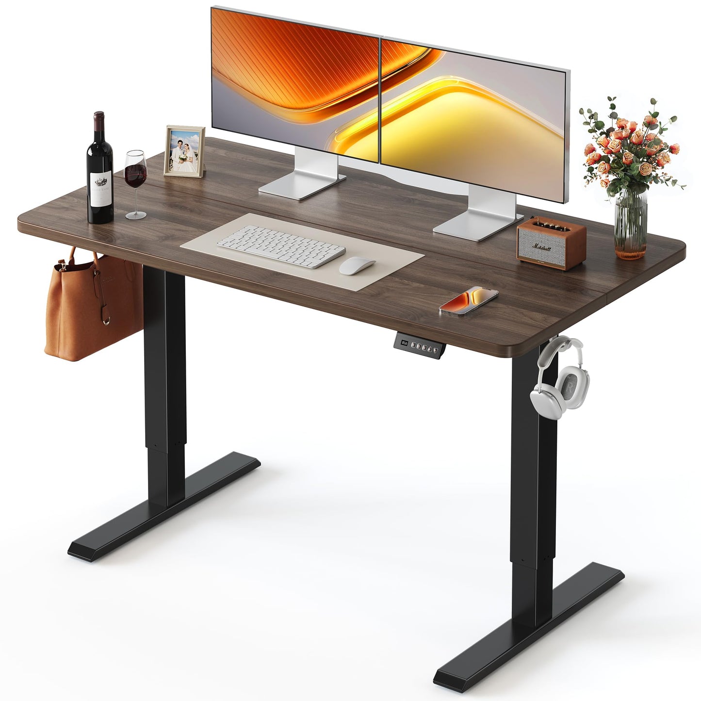 FEZIBO 55 x 24 Inchs Electric Standing Desk, Height Adjustable, Sit Stand Up, Computer Office Desk with Splice Board, Black Frame/Black Walnut Top
