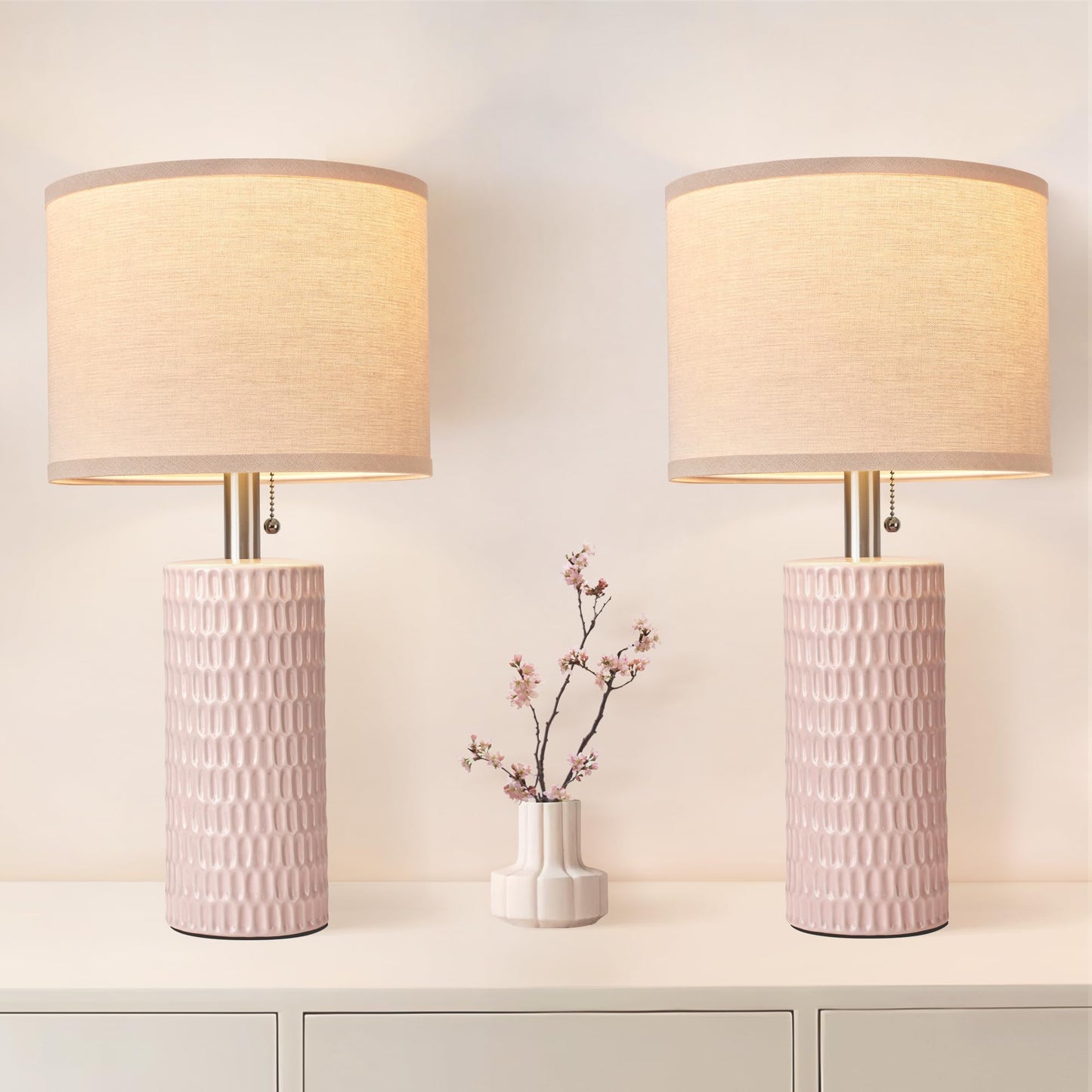 Reaketon 20.5" Modern Ceramic Table Lamps for Bedroom Set of 2, Bedside Lamps for Night Stands with Beige Lampshade, Farmhouse Table Lamp for Living Room Office Dorm, Pink