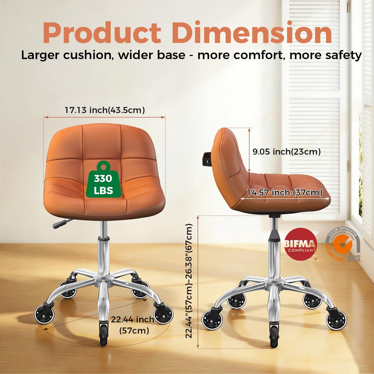 Rolling Stool Chair with Wheels, Height Adjustable Stool with Back Support, Office Drafting Chair with PU Leather Cushion for Home Office Kitchen Vanity Salon Garage Tattoo Dentist Esthetician(Camel)