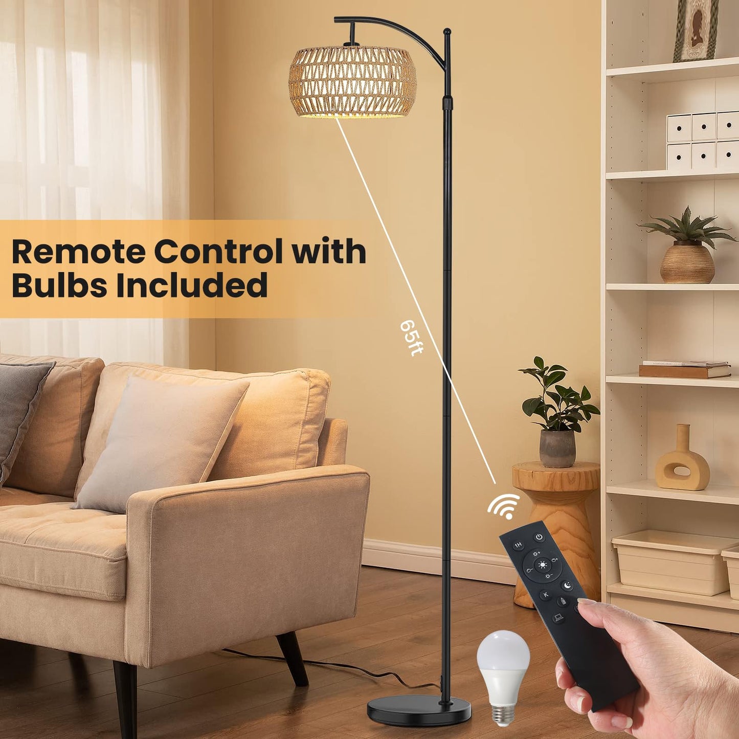 Yusist Arc Floor Lamp for Living Room,Farmhouse Floor Lamps with Remote Control & Dimmable Bulb, Boho Rattan Tall Standing Lamp for Bedroom Office