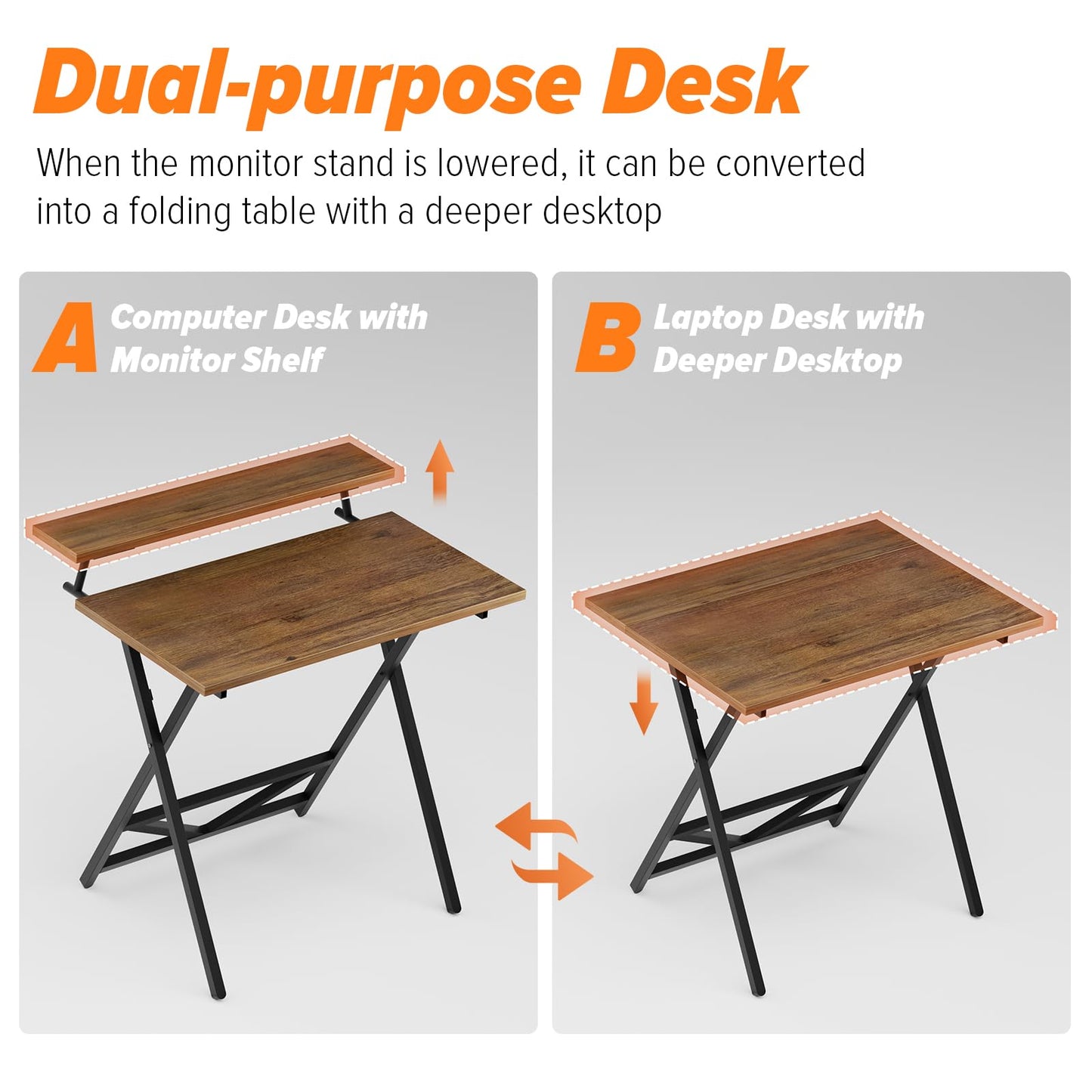 WOHOMO Folding Computer Desk with Adjustable Height, 23.6" x 31.5" x 25.6" Foldable Table with Monitor Stand, Small Office Desk for Bedroom, Space Saving Desk for Home Office, Easy Assemble, Walnut