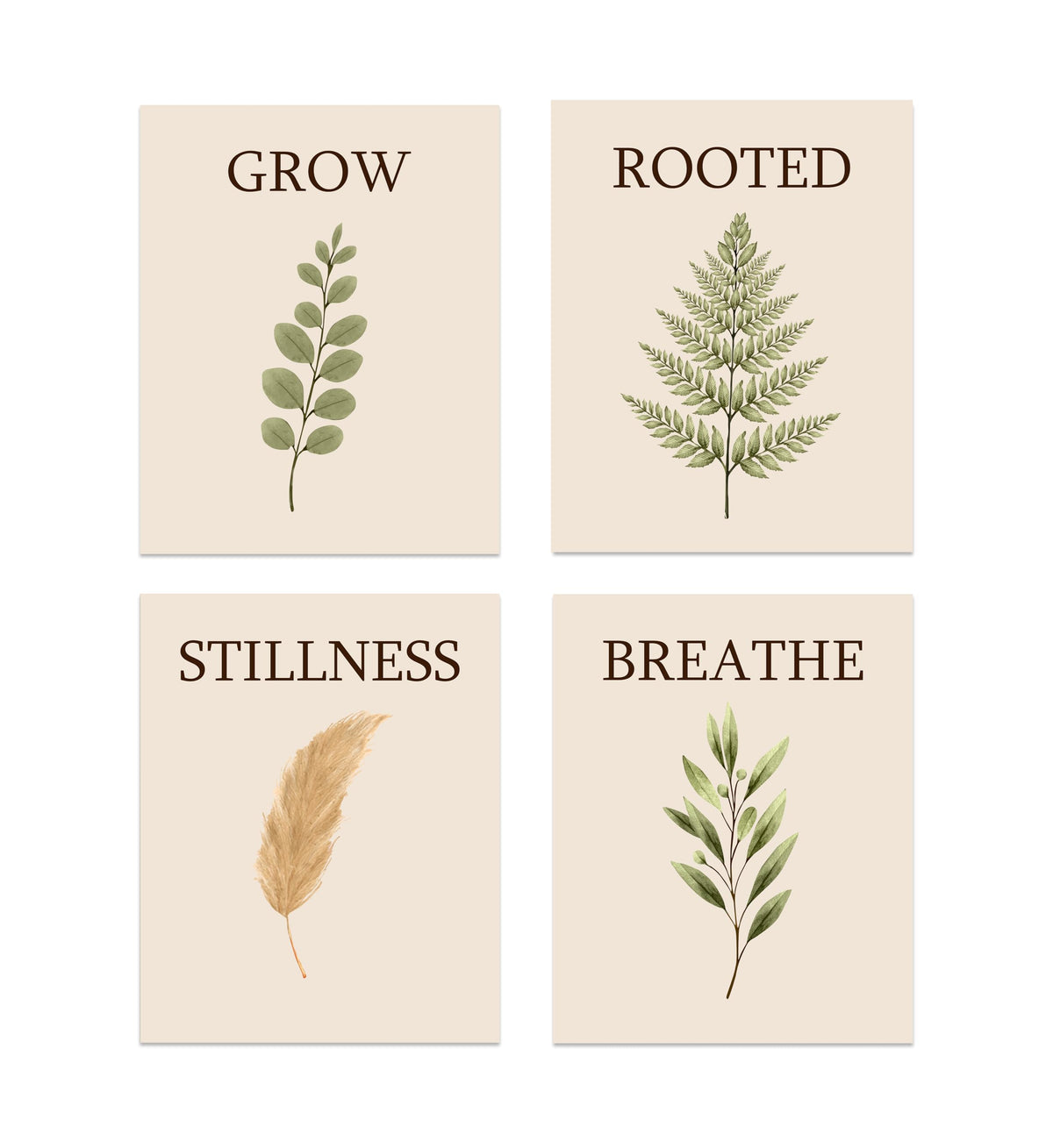 AMERICAN LUXURY GIFTS Breathe Grow Stillness Rooted Botanical Prints - Minimalist Typography Zen Wall Decor for Bedroom Bathroom Office - Set of 4, 8x10 Unframed Prints