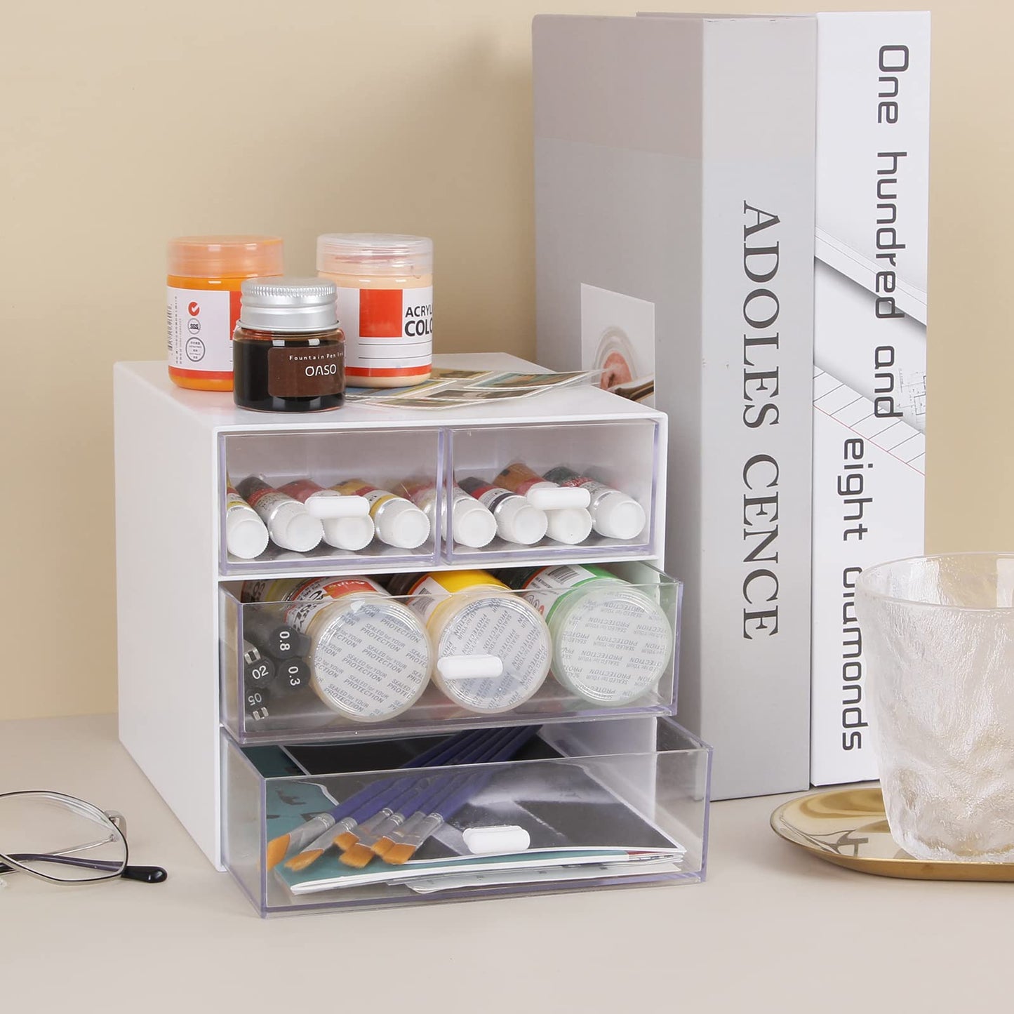 Zyners Desk Organizer with Drawer, Office Organizer with 4 Drawers, Desk Storage Box for, Desktop, Dressing table, Office, School, Home, Plastic Box and 4 Acrylic Drawers(White)