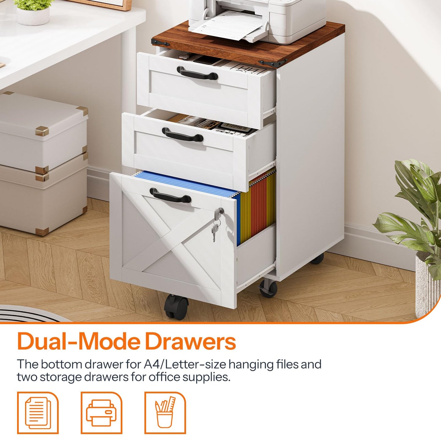HOOBRO 3 Drawer File Cabinet with Lock, Mobile Farmhouse Filing Cabinet for A4/Letter Size, Under Desk Rolling Office Cabinet, Printer Stand with Storage for Home Office, White and Walnut WH67WJ01