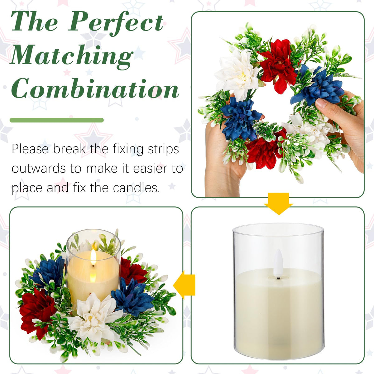 Yunlly 4 Pcs Artificial Dahlia Candle Rings Wreaths, Patriotic Red White and Blue Floral Rings Holders with LED Flameless Candles for 4th of July Independence Day Memorial Day Table Centerpiece