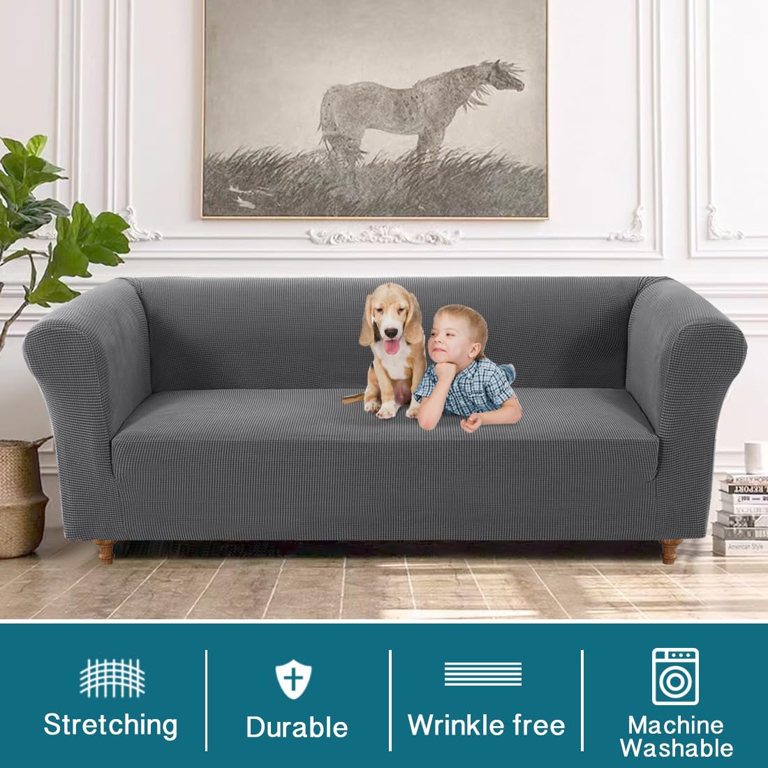 Turquoize Stretch Chesterfield Sofa Covers for Living Room Soft Sofa Couch Covers for 3 Cushion Couch Non-Slip Sofa Slipcover for Dogs Pet Furniture Protector Feature Jacquard Fabric (Sofa, Grey)