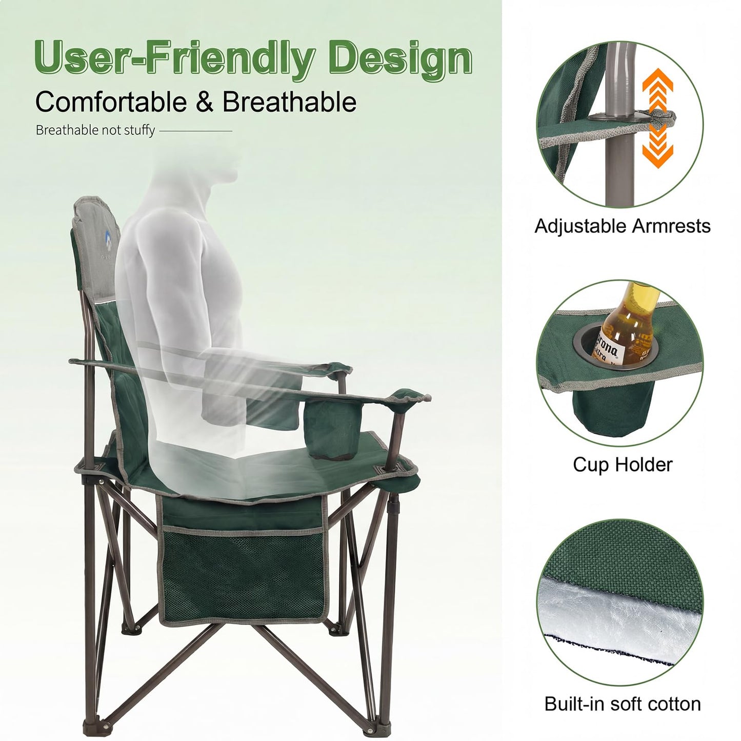 CAMPHILL Oversized Camping Chairs 2 Pack - Heavy Duty 400LBS Padded Lawn Chair with Cooler Bag,Cup Holder,Side Pocket,Collapsible for Outdoor,Camp,Fishing & Garden,Dark Green