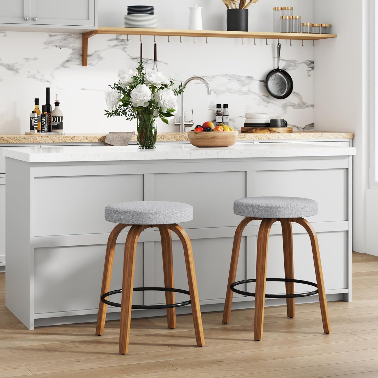 Set of 2 Swivel Bar Stools, 26'' Counter Height Backless Stools with Fabric Upholstered Seats and Sturdy Curved Wood Legs, Mid-Century Modern Design (Grey, 26 inch)
