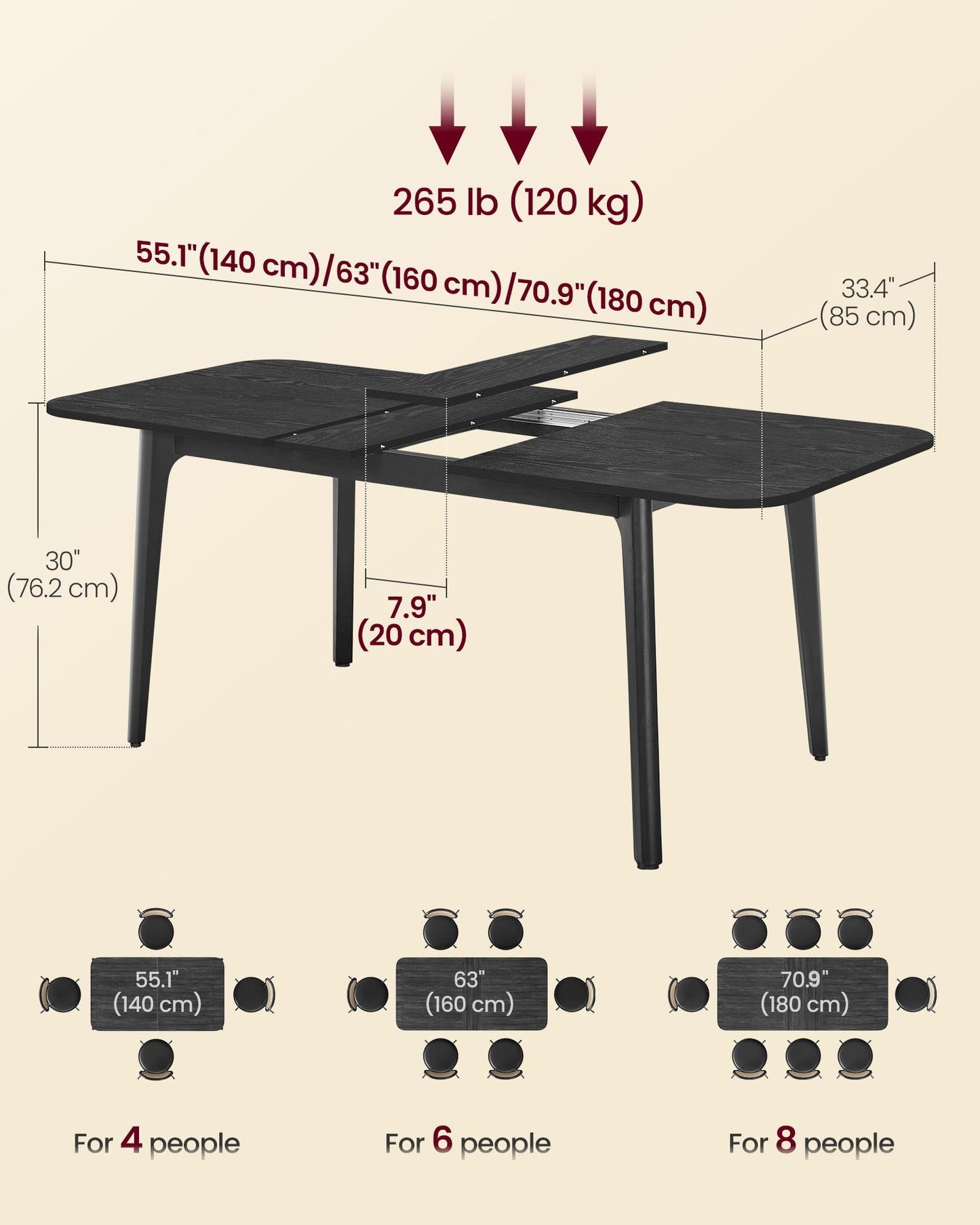 VASAGLE MAEZO Collection - Extendable Dining Table for 4/6/8, Kitchen Table with Tapered Legs, Curved Transitions, for Dining Room, Kitchen, Home Office, Charcoal Gray UKDT090B01V1