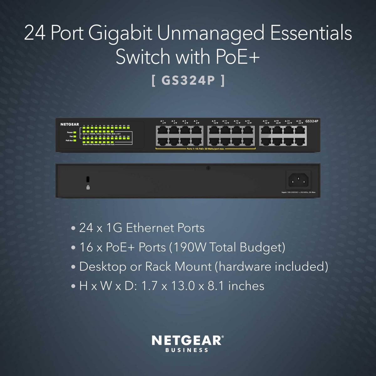NETGEAR 24 Port PoE Switch Unmanaged – 24 Port PoE Gigabit Switch with 16 PoE+ Ports (190W), Desktop or Rackmount (GS324P)