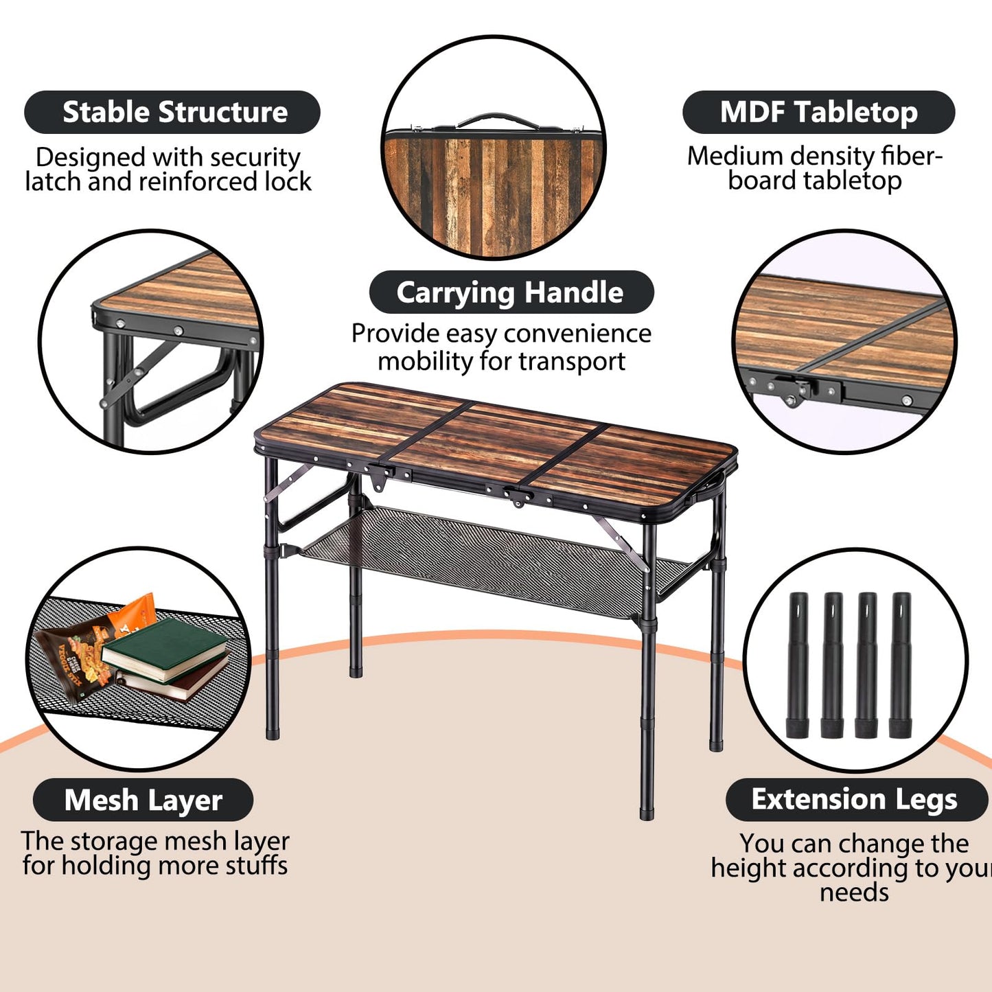YihuiKo Folding Camping Table with Storage Net, Lightweight Portable Foldable Table with Adjustable Height Max 27.5 Inch Outdoor Table for Picnic Travel, Plank-Style Wood Grain