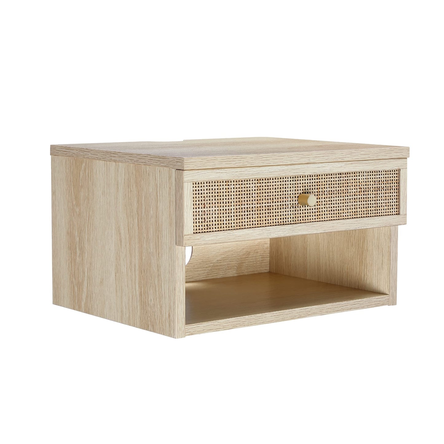 Nathan James Jackson Wall Mounted Rattan Floating Bedroom Nightstand with Storage Drawer and Modern Open Shelf Cubby, Light Oak/Rattan