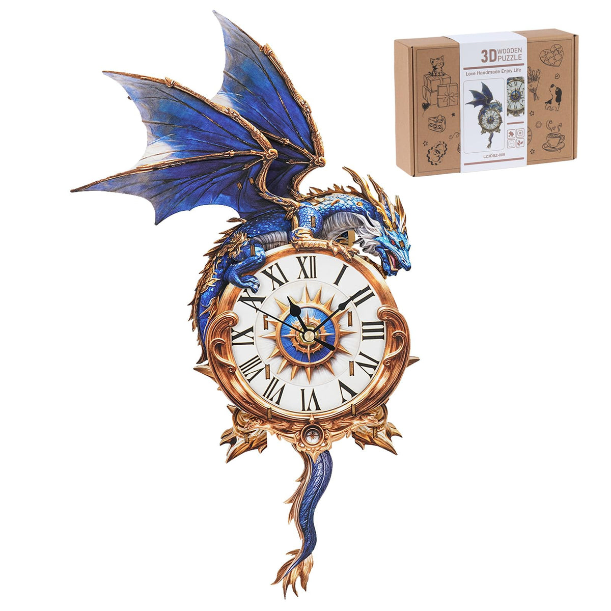 3D Wooden Puzzles for Adults, Blue Dragon Clock with Pendulum Model Kit, 3D Puzzles for Adults Room Home Decor DIY Wall Clock Kit, Holiday Birthday Christmas Day Gifts for Men Women Teens