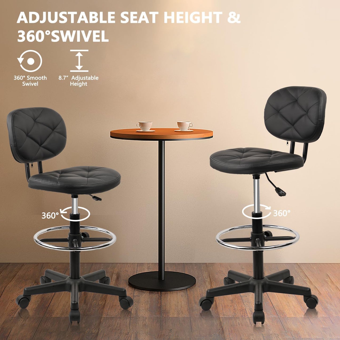KLASIKA PU Leather Rolling Bar Stool with Wheels and Back, Tall Drafting Stool with Adjustable Height and Footrest, Multi-Purpose Office Desk Chair for Home Kitchen Shop Work, Black (1PK)