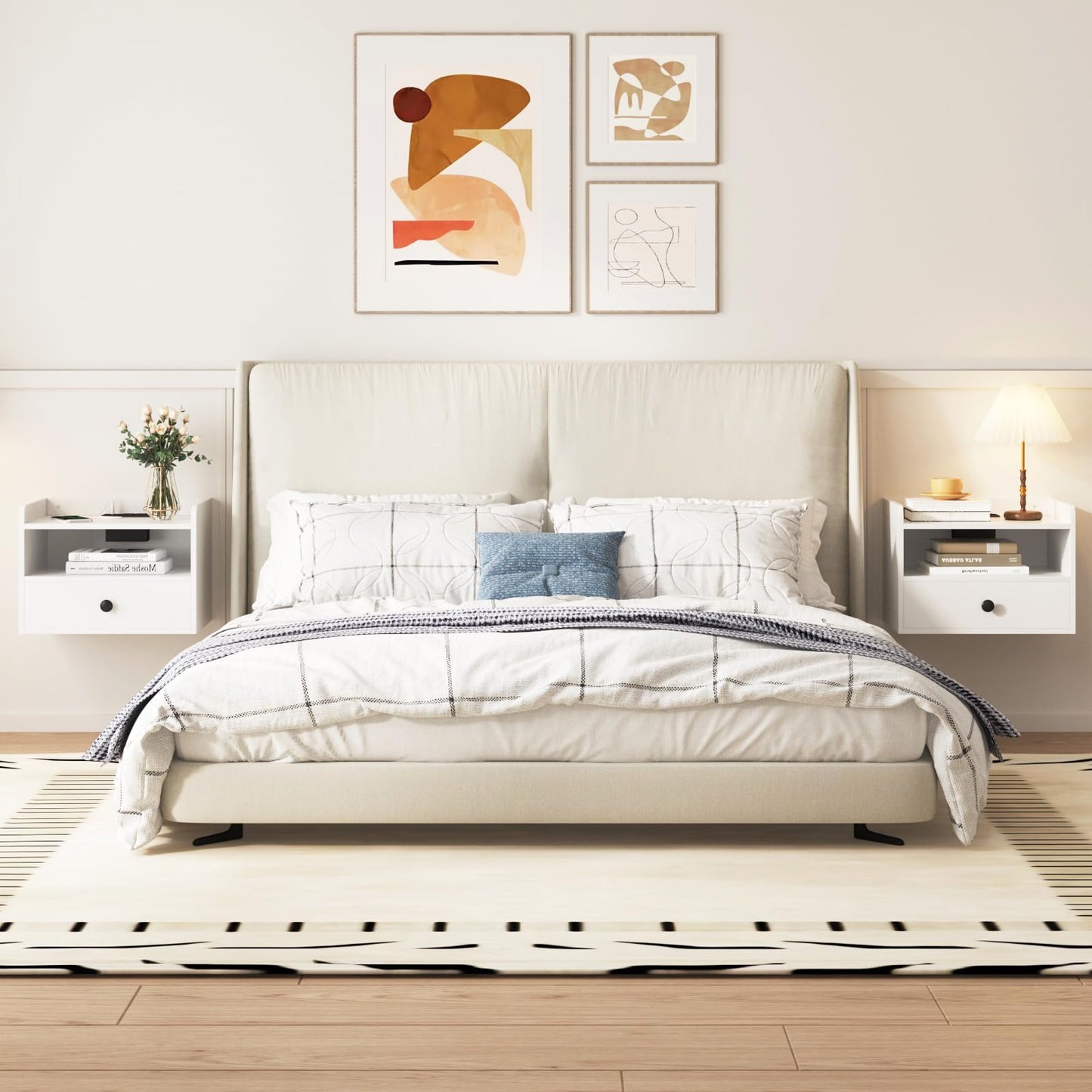 Floating Nightstand Set of 2 Modern Night Stands with Drawer and Open Shelf Cubby Small Bedside End Table with Charging Station Wall Mounted Nightstands Set 2 for Bedroom White