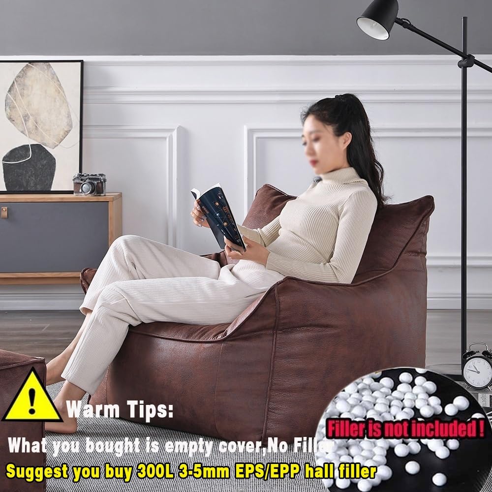 Bean Bag Chair Bean Bag Cover （No Filler） Luxury Single Lazy Sofa Cover PU Faux Suede Leather Bean Bag Pouf Chair for Bedroom Living Room Garden, Bean Bag Cover (Color : Retro Yellow)