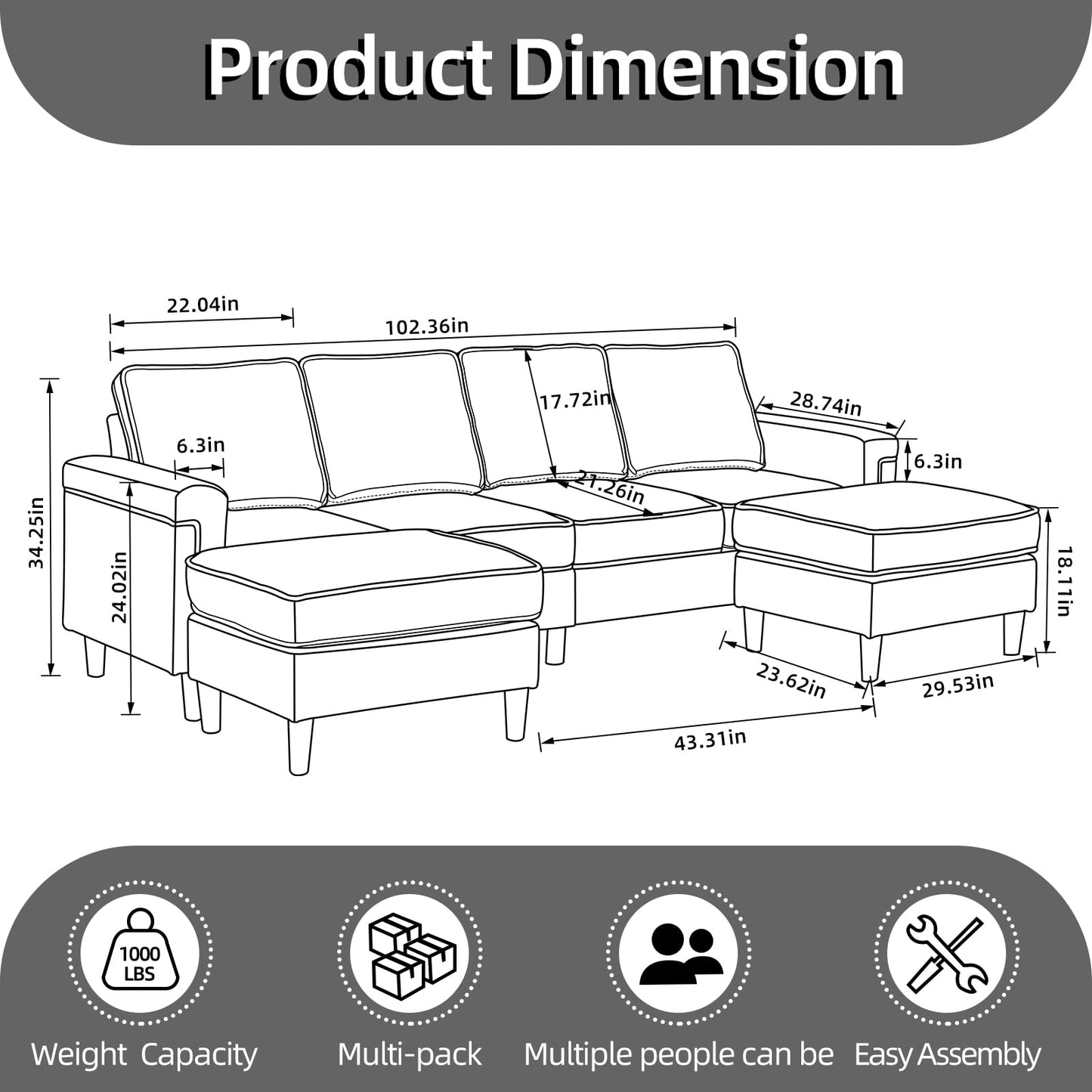 Cloud Couch - Luxurious White Chenille Fabric 102.36Inch U-Shaped Sectional Sofa for Living Room, Small Spaces, and Modern Homes - High-Density Sponge, 1000 lbs Weight Capacity (White)