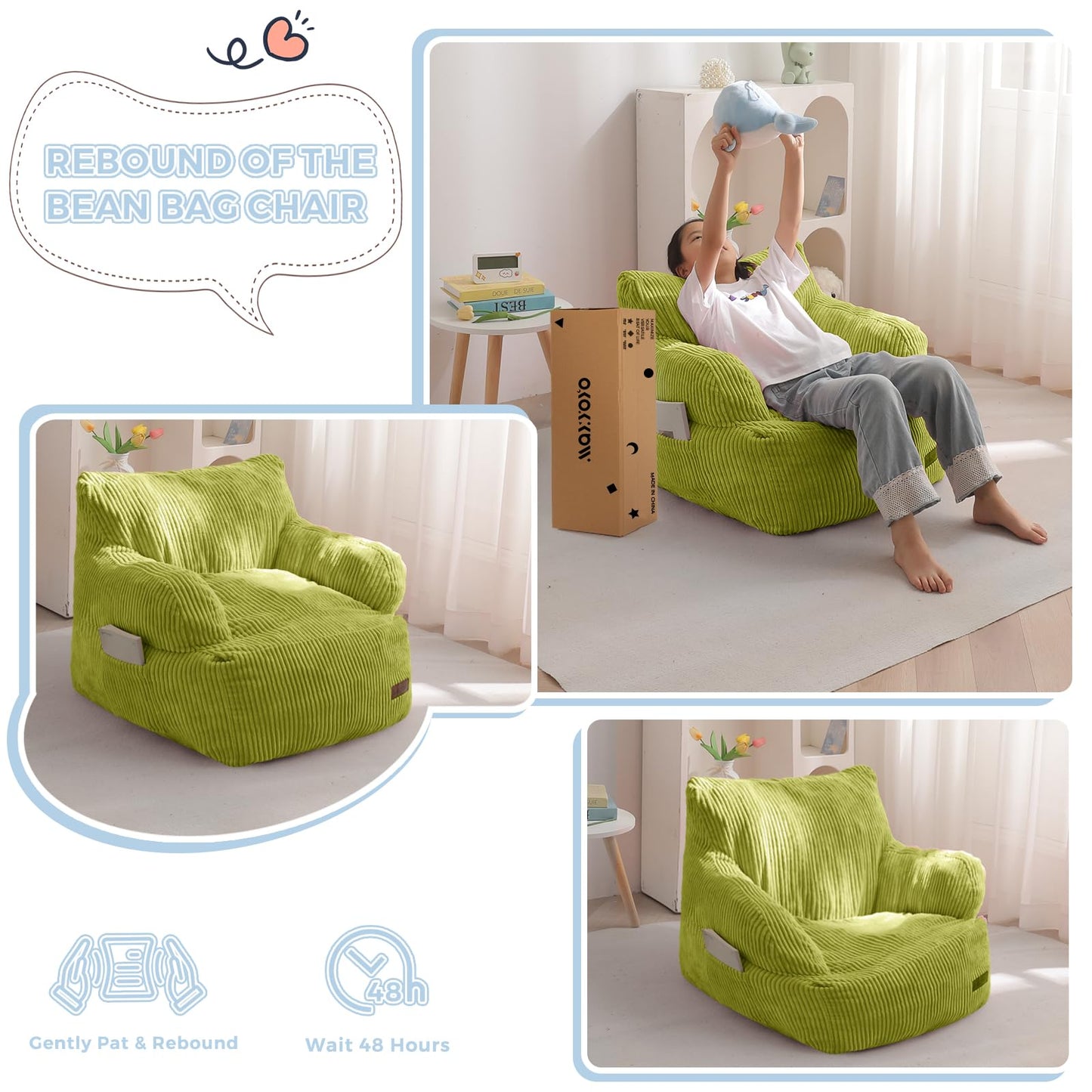 MAXYOYO Kids Bean Bag Chair, Stuffed Toddler Bean Bag Sofa with Filler Bean Bag Chair for Boys and Girls, Lazy Sofa with Pocket Floor Chair for Gaming, Reading, Green