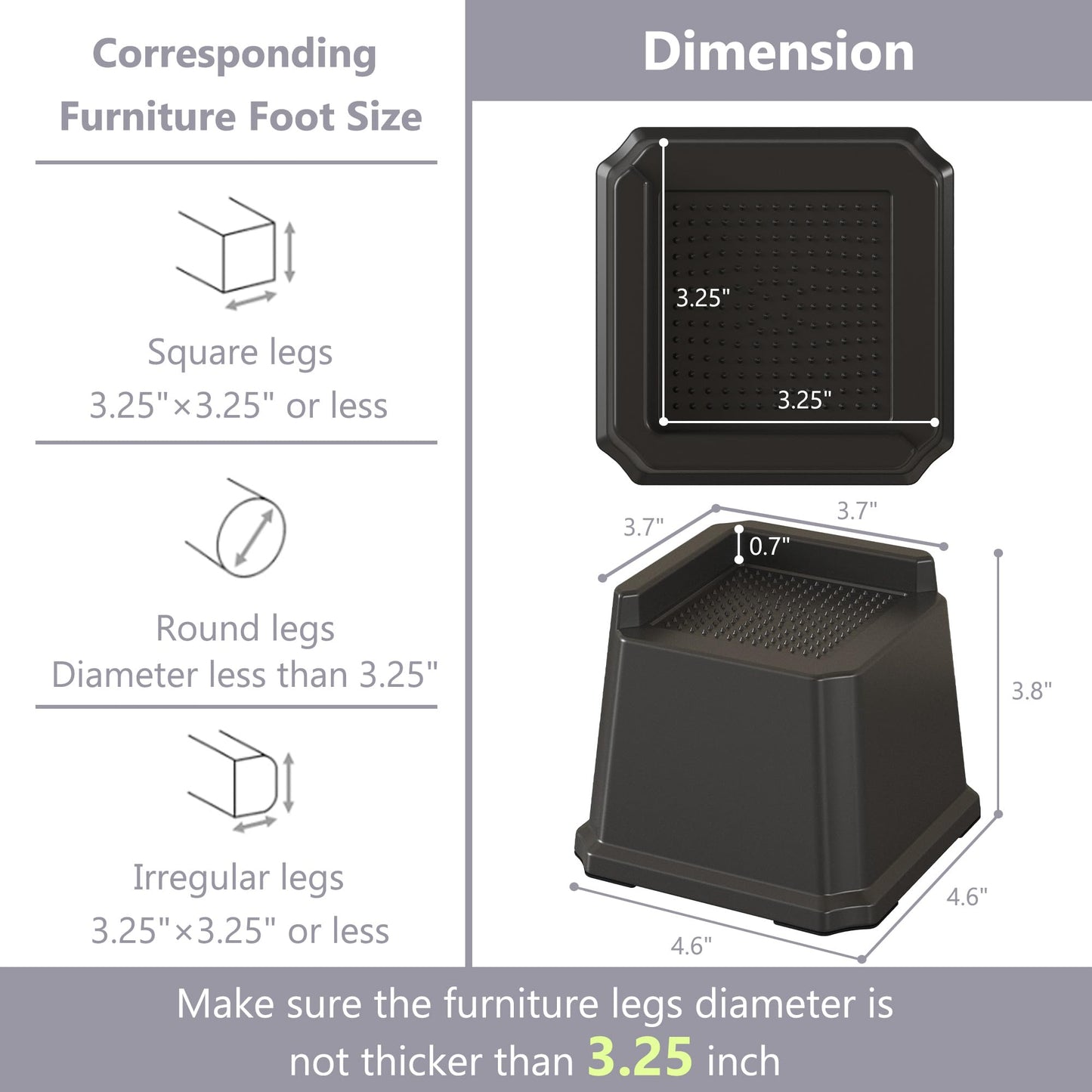 Napnapday Bed Risers 3 Inch Heavy Duty 4 Pack L-Shaped Bed Furniture Elevators 1,500 lbs Lifts Up Riser for Sofa and Table