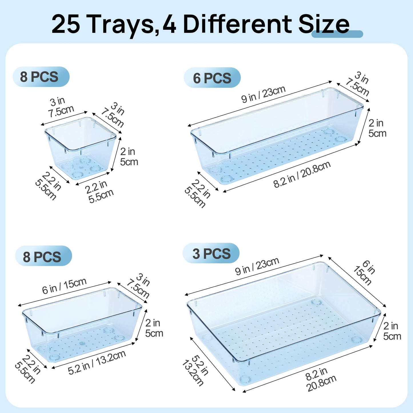 Vtopmart 25 PCS Plastic Drawer Organizers Set, 4-Size Versatile Bathroom and Vanity Drawer Organizer Trays, Storage Bins for Makeup, Bedroom, Kitchen Gadgets Utensils and Office