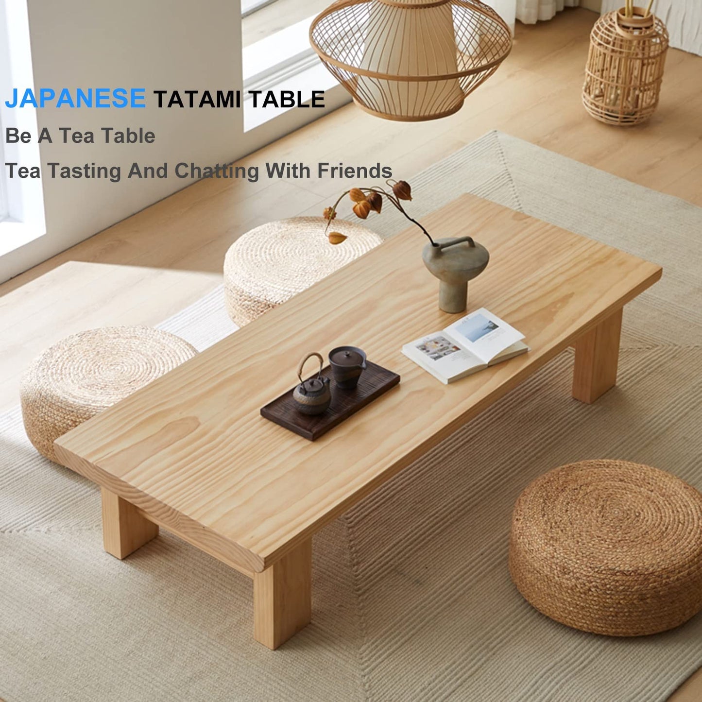 GHHDPXM Japanese Style Rectangle Wooden Farmhouse Cocktail Table - Multifunctional Low Zen Table for Living Room, Floating Sitting, Laptop Use, Design