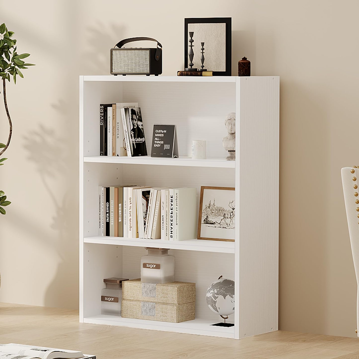 Sweetcrispy Industrial 3 Shelf Bookcase - Large 31.5 Inch Tall Floor Standing Open Bookshelf for Home Office, Living Room, and Bedroom Storage, Display Organizer, White