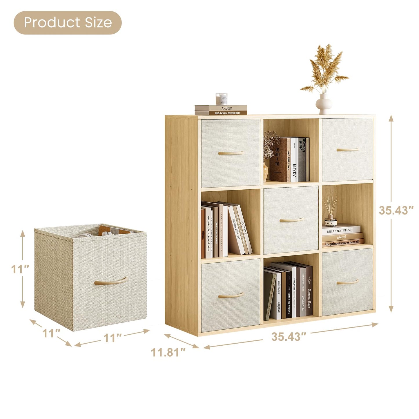 EXPERLAM 9 Cube Storage Organizer - Solid Wood Bookshelf with 5 Storage Bins, Cube Shelf with 3 Removable Back Panels, Vertical or Horizontal Bookcase, Open Book Shelf for Bedroom, Living Room, Office