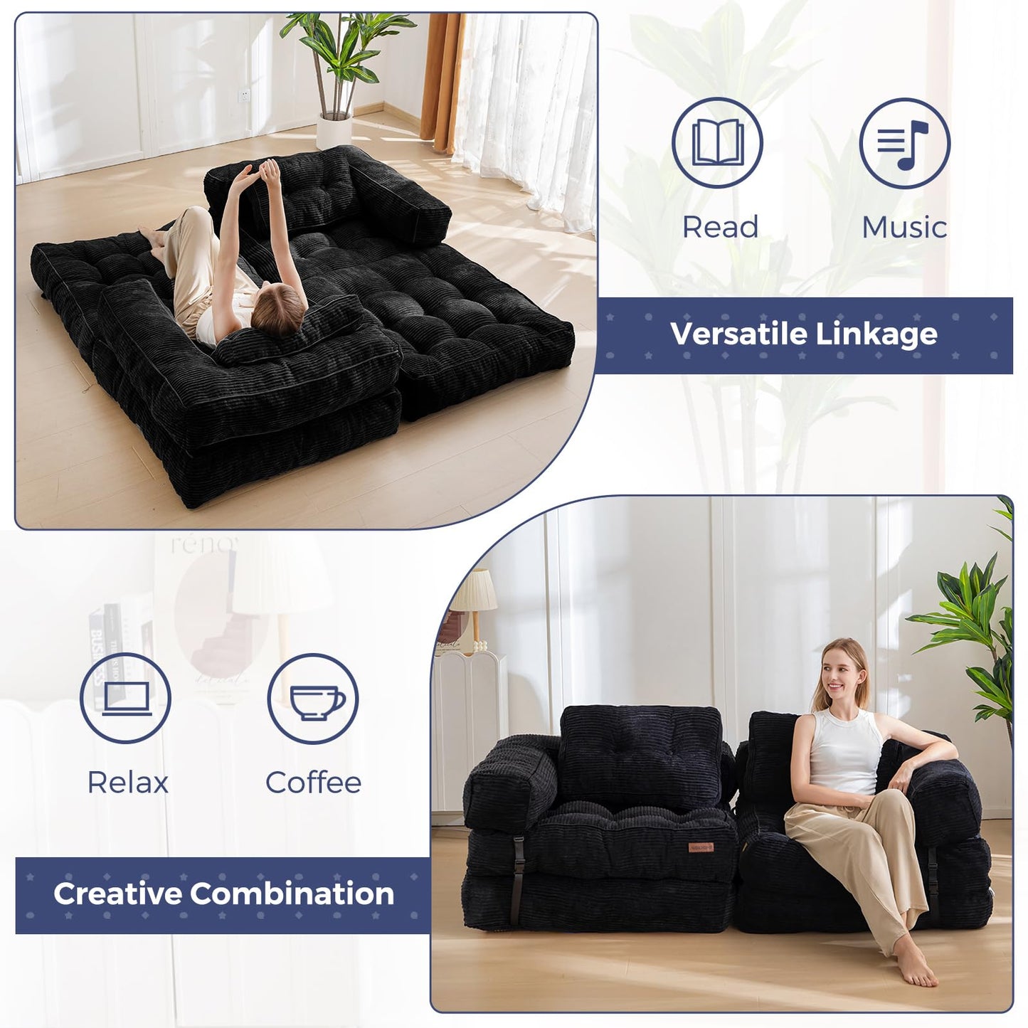MAXYOYO Folding Sofa Bed, L-Shaped Convertible Sofa with Armrest Foldable Sleeper Bed with Pillow, Portable Fold Out Chair Comfy Floor Lounge for Living Room Bedroom, Black
