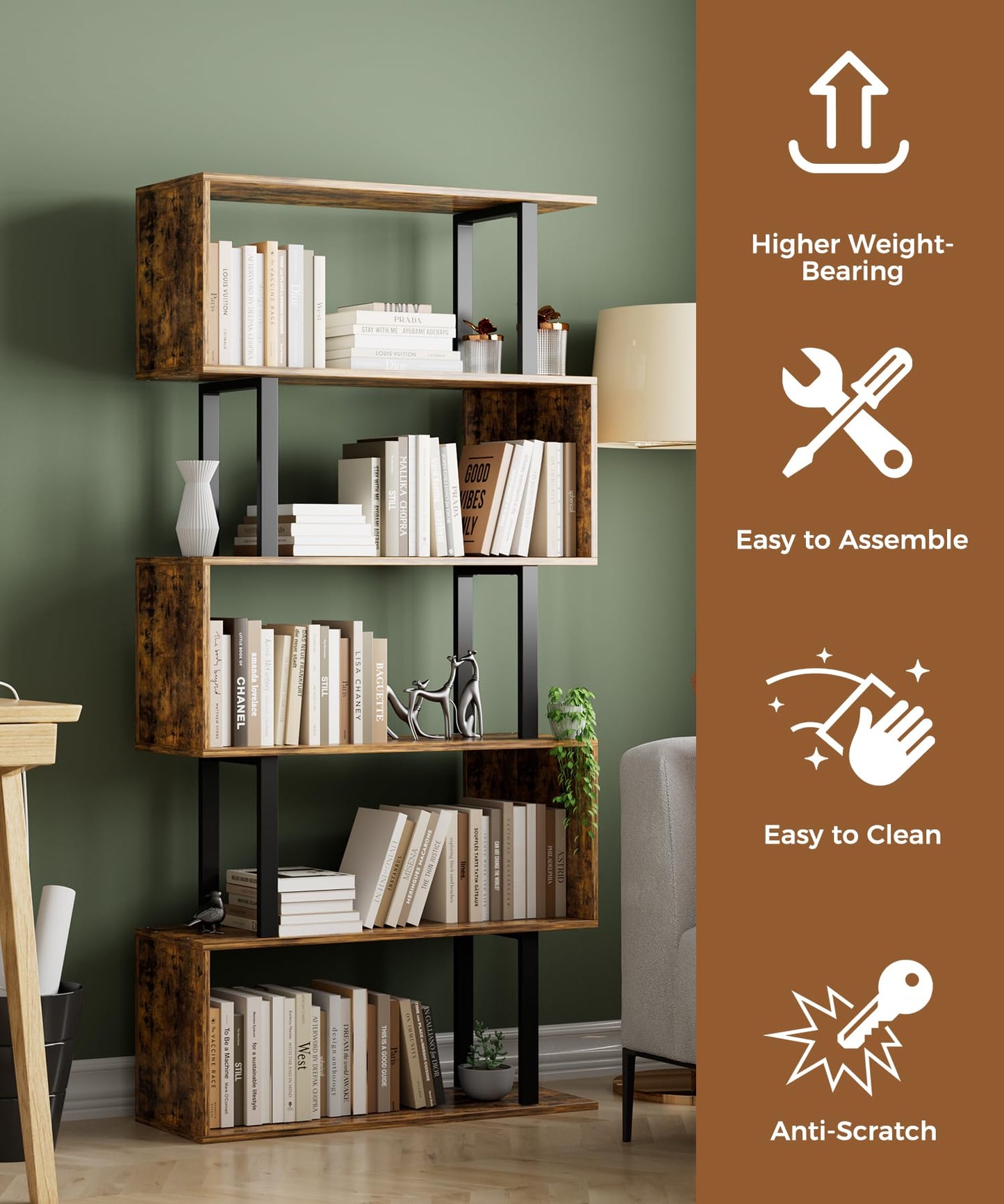 Gadroad 5-Tier Geometric Bookcase,S Shaped Bookshelf, Wood Decorative Storage Shelving, Modern Freestanding Display Shelves, Tall Book Shelf Unit for Living Room Bedroom, Rustic Brown