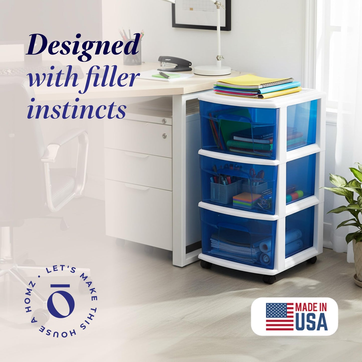 HOMZ Drawer Tower, 3-Tier Clear Blue Plastic Storage Organizer Cart, White Frame - Rolling Drawer Containers with Wheels for Bathroom, Bedroom, Office, and Classroom Organization