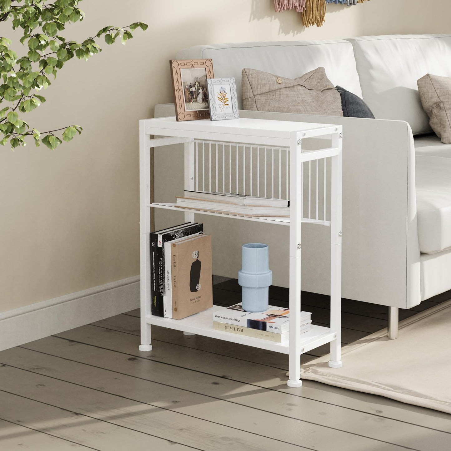 Lifenite Side Table for Small Spaces, Narrow End Table with Magazine Holder, 2 in 1 Design Slim Side Table, Skinny Nightstand for Living Room Bedroom, Thin Side Magazine Table, White