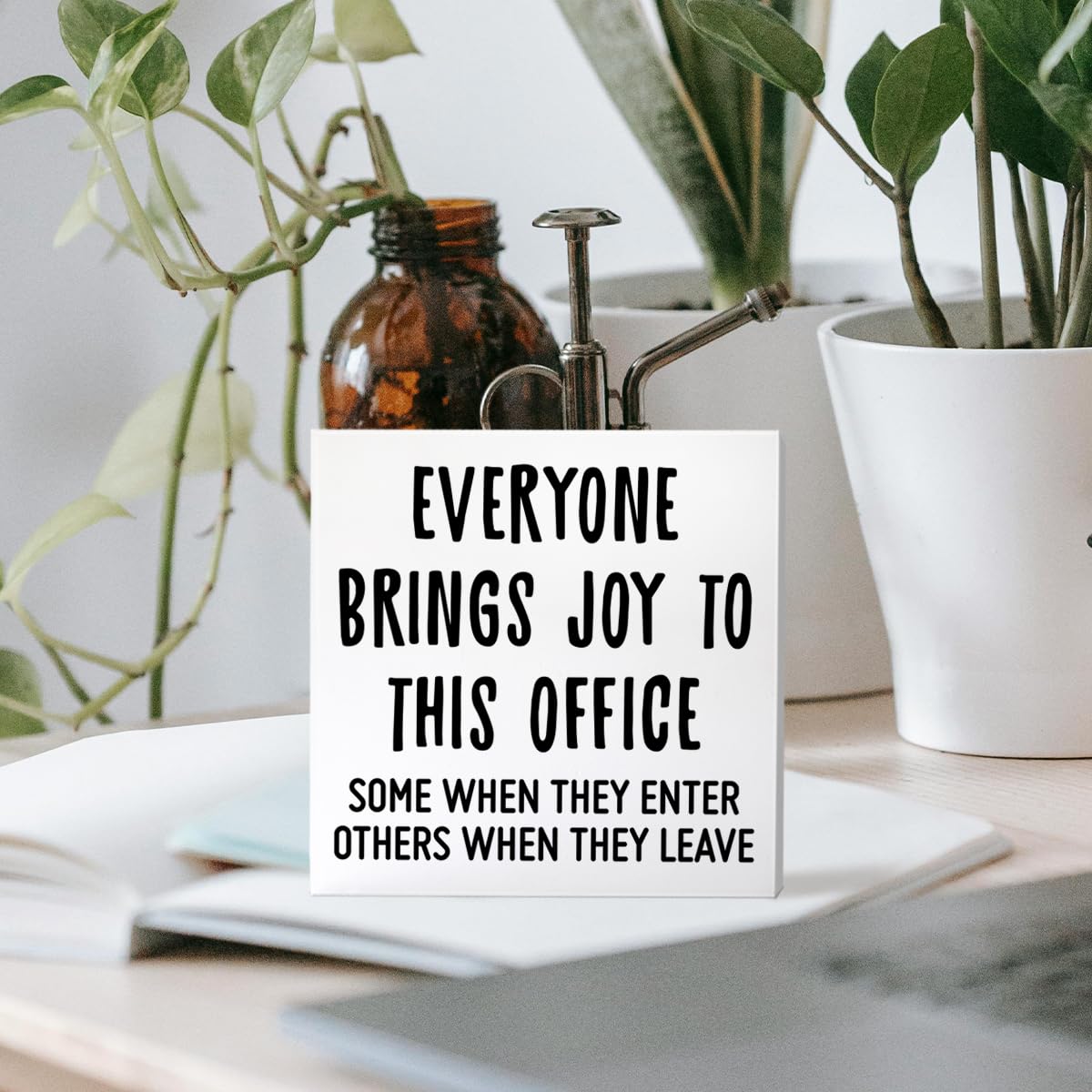 Funny Office Desk Decor Wooden Sign, Funny Office Decoration for Work Women Men, Gifts for Coworker Colleague Boss, Everyone Bring Joys to This Office