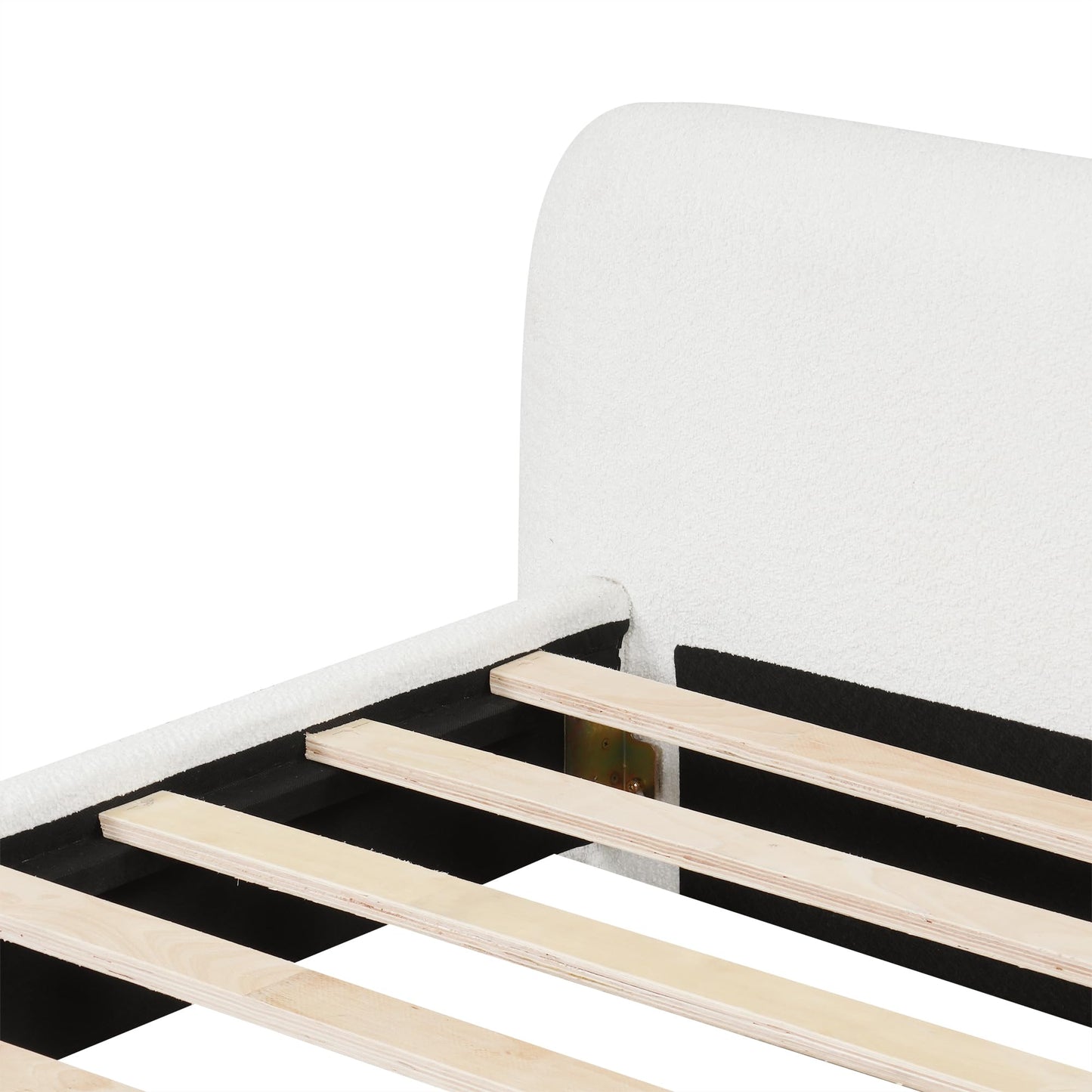 KOYVRY Boucle Bed Frame - Upholstered Platform Bed with Curved Headboard and Rounded Corners, Minimalist Bed Frame with 10 Wooden Slats and 3 Central Support Legs, No Box Spring Needed, White (Queen)