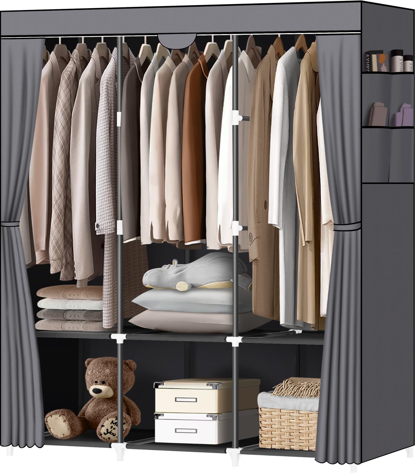 LOKEME Portable Closet, Wardrobe Closet with 3 Hanging Rods and 6 Storage Shelves and 4 Side Pockets, Gray Portable Closets for Hanging Clothes Easy to Assemble and Strong and Stable