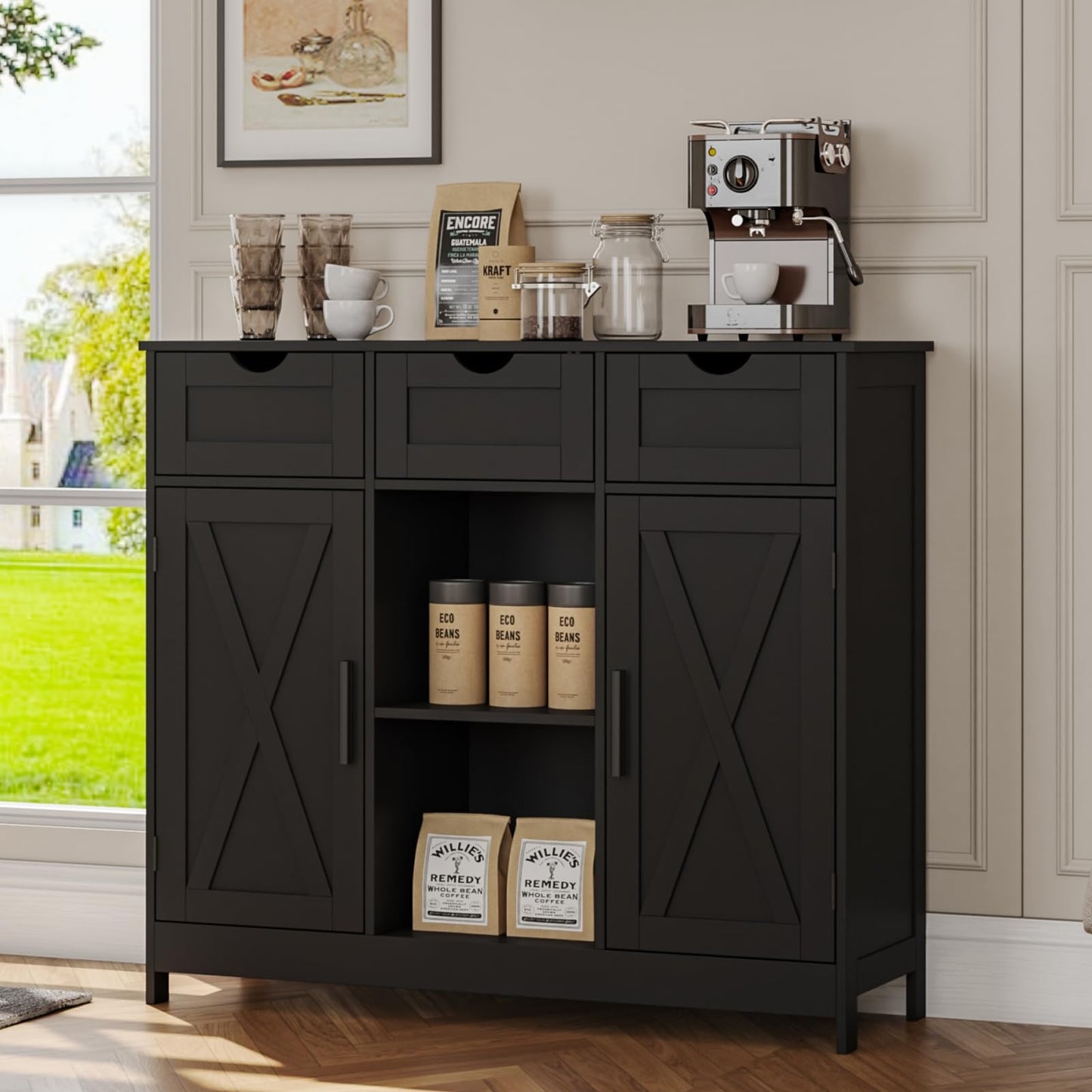 Viaozutis Storage Cabinet, Coffee Bar Cabinet with 2 Adjustable Shelves, 3 Drawers, and 2 Doors, for Bathroom, Kitchen, Living Room (Black)