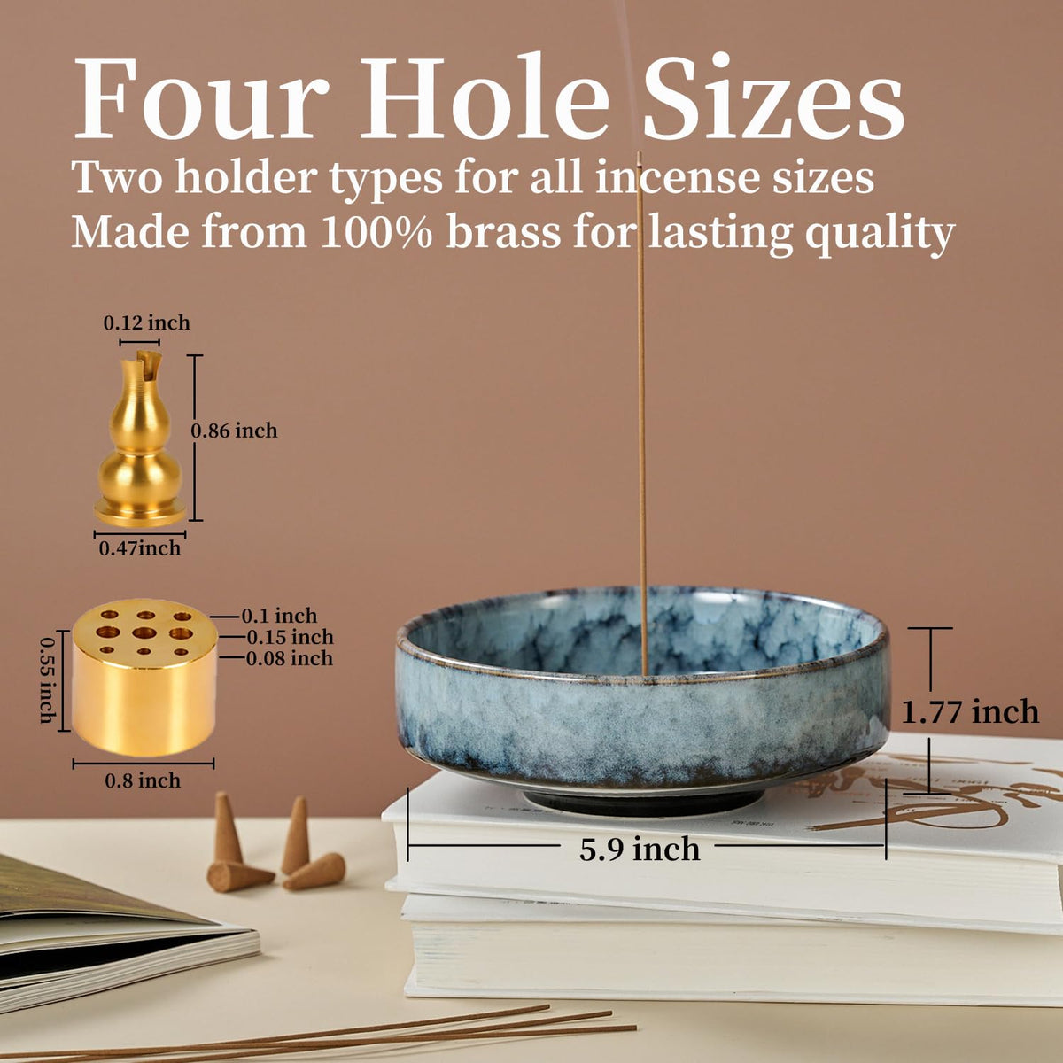 Fluvie 5.9" Ceramic Incense Holder with 10 Holes,5in1 Incense Tray for Sticks,Coil,Cone,Sage,Palo Santo,Handcrafted Burner Ash Catcher Smudge Bowl for Yoga Meditation Energy Cleansing Room Décor,Blue