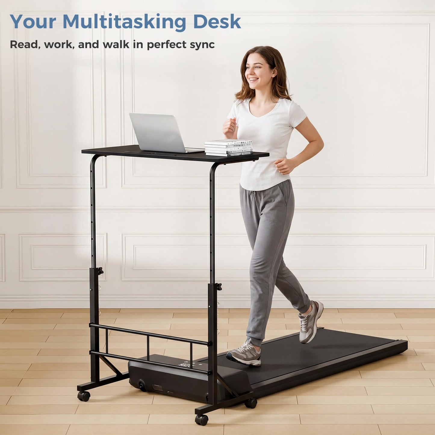 DUMOS 31.5" Adjustable Height Mobile Desk with Locking Wheels & Pin-Lock, Portable Workstation for Walking Pad & Active Home Office, Small Bedroom Desk, Black