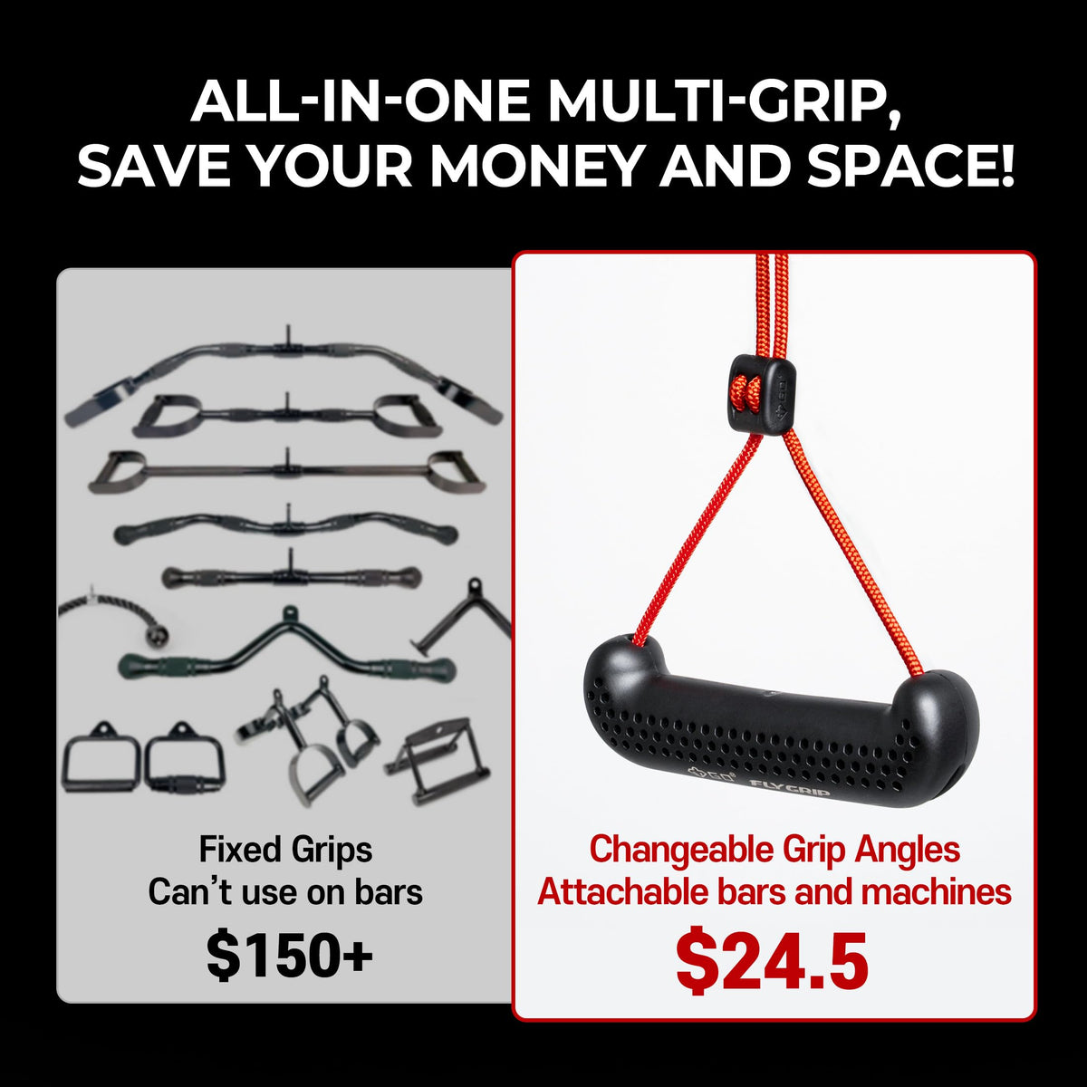 GD Fly Grip Pull Up Handles for Neutral Grip & LAT Pull Down Attachments – Perfect Grips for T-bar Row, D Handle Cable Attachment, Gym Equipment (Black Grip(Black Strap))