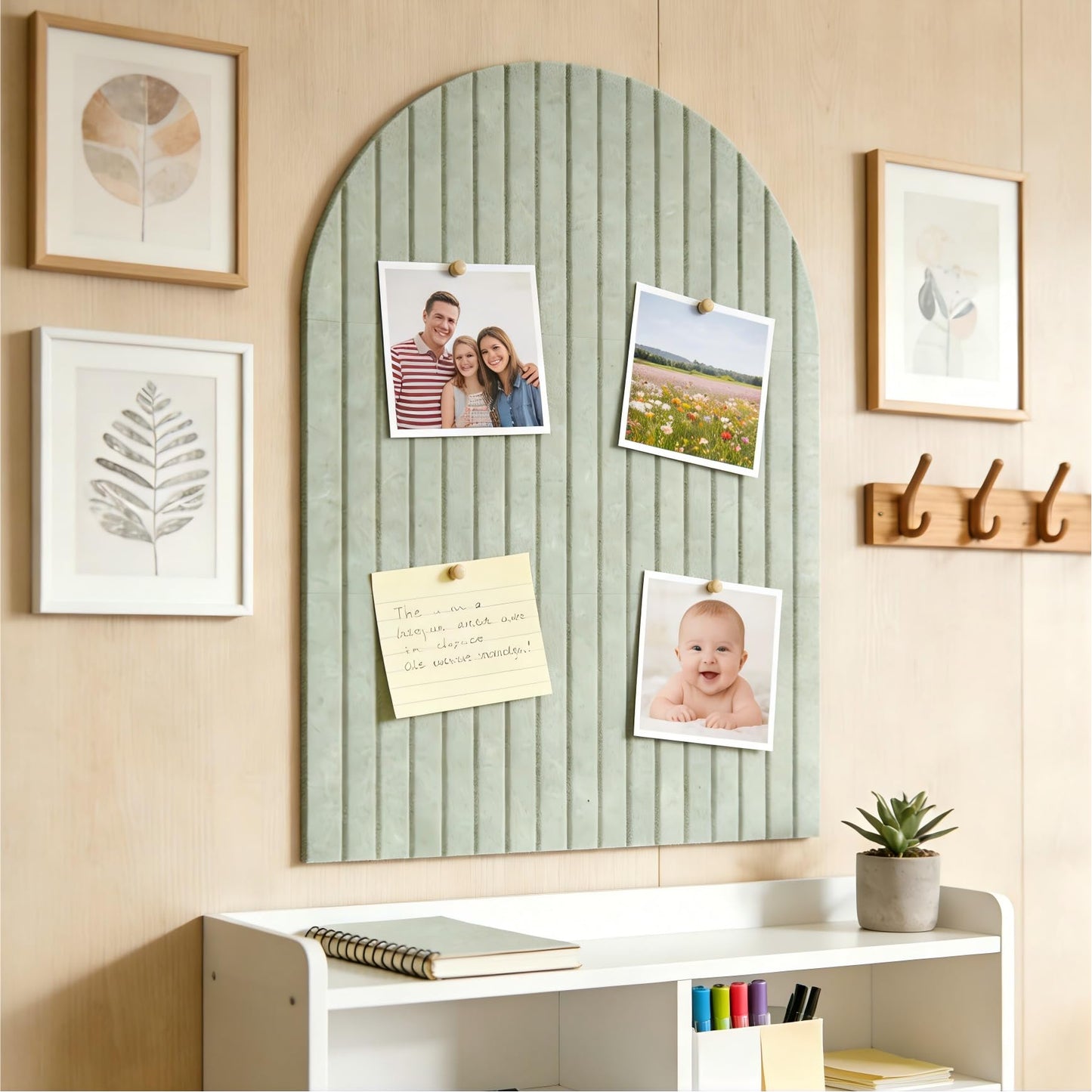 Large Arched Felt Bulletin Board, Sized 36" x 24" for Office & Wall Decor – 6 Customizable Adhesive Tiles with Pins are Perfect to Display Your Photos (Sage Green)