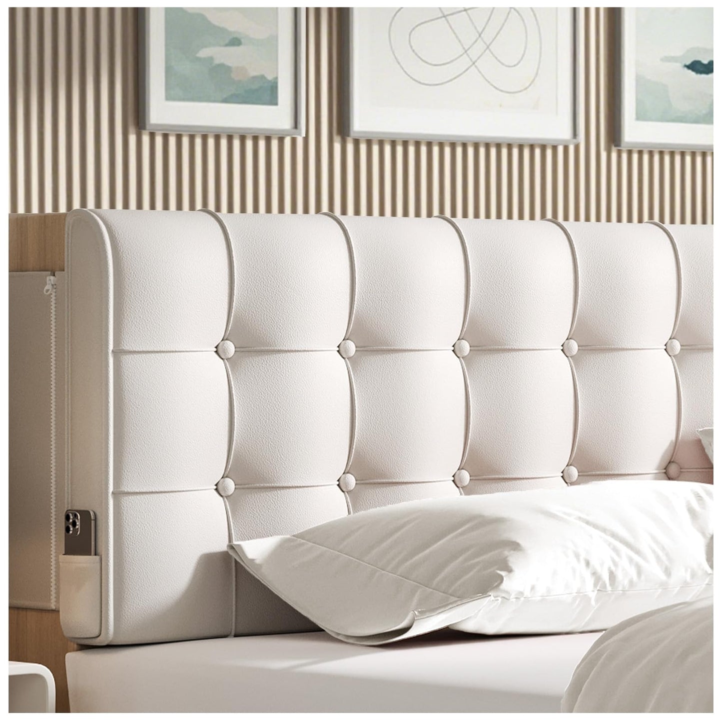 Upholstered Wall Mounted Headboard Full Size with Removable Beige Cushion Peel and Stick Headboard Cover Soft Padded Backrest for Dorm Bed Frame Bedroom Decor Washable Adhesive Head Board (Full,Beige)