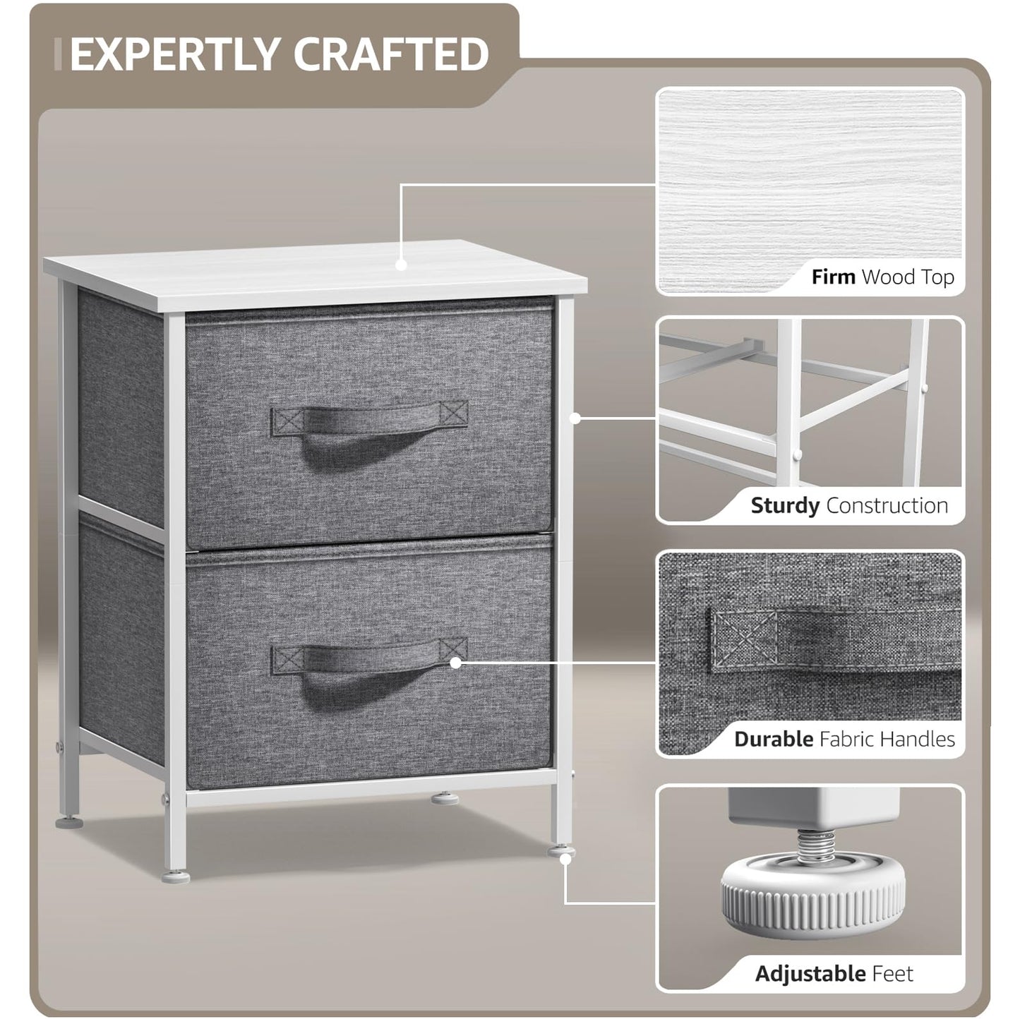 Sorbus Nightstand with 2 Drawers - Bedside Furniture End Table Night Stand with Steel Frame, Wood Top & Easy Pull Fabric Bins - Small Dresser & Chest for Home, Bedroom Accessories & Office