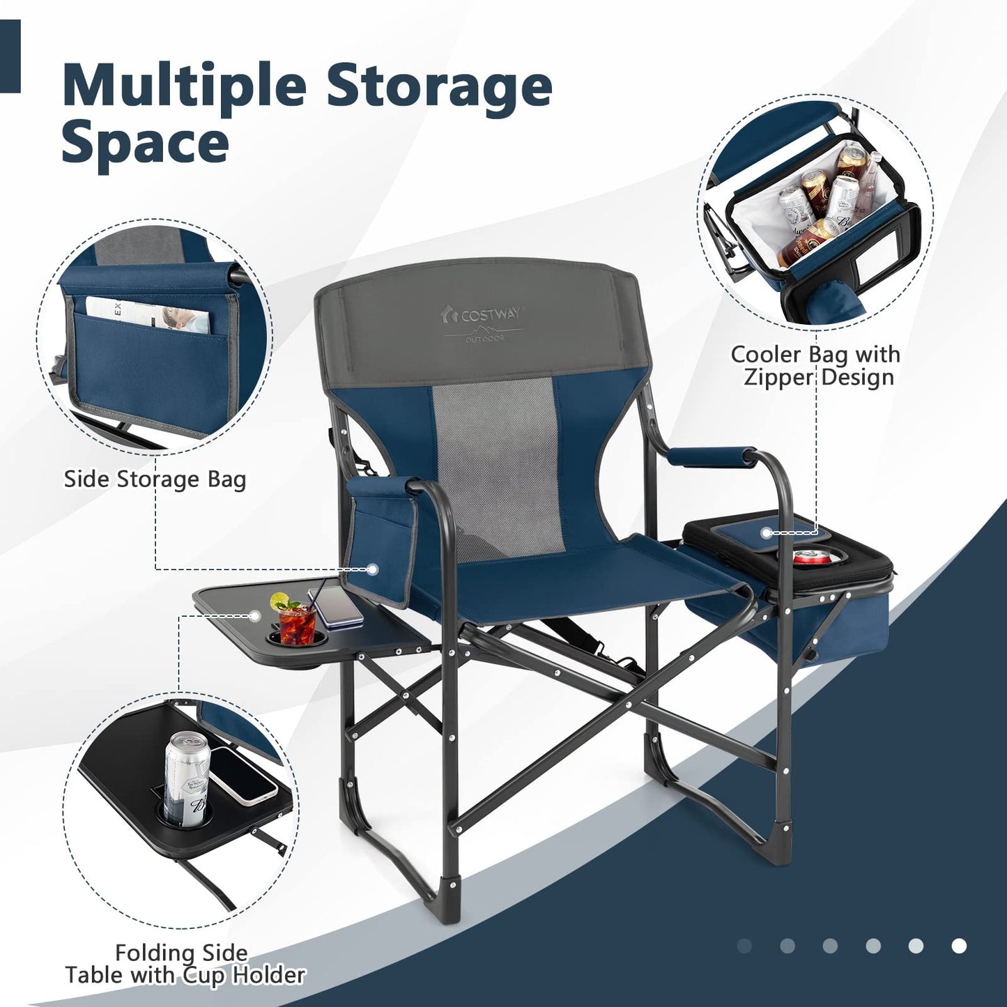 COSTWAY 2-Pack Folding Camping Chair, Heavy-Duty Director Chair Supports 400lbs for Adults with Side Table, Cooler Bag, Storage, Strap, Portable Makeup Chair Set of 2 for Fishing Picnic, Blue