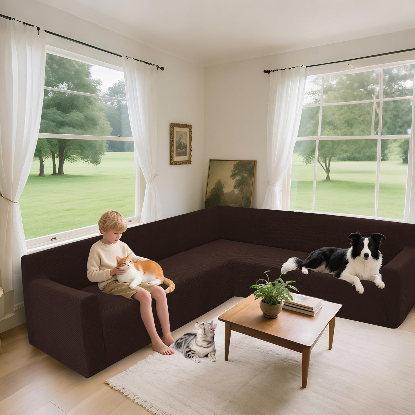 Arfntevss Stretch Sectional Couch Covers L Shaped Corner Sectional Sofa Cover Washable Jacquard Soft Fleece U Shape Sofa Slipcovers Anti Slip Furniture Protector for Dogs Pets (X-Large, Nut Brown)