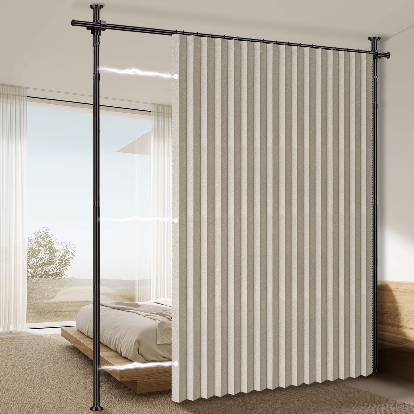 100% Blackout Room Divider Curtains Sets Cream White W100 x L84 in,1 Panel Curtain Rods No Drilling Adjustable Tension (H) 43-120×(W) 35-100 in Room Wall Divider for Apartment/Dorm