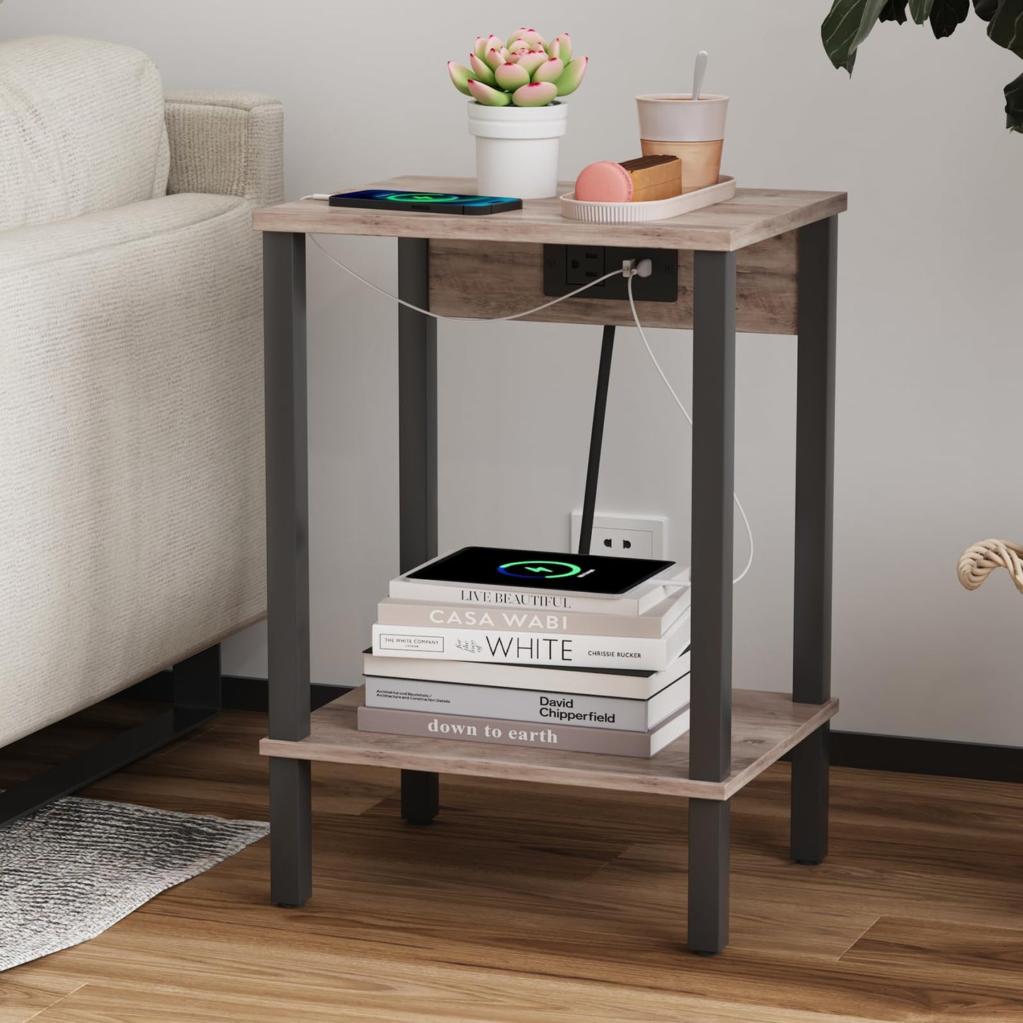 VIMBER Side Table with Charging Station, Set of 2 End Tables with USB Port and Outlets, Nightstands with 2-Tier Storage Shelves, Sofa Table for Small Space, Living Room, Bedroom, Greige