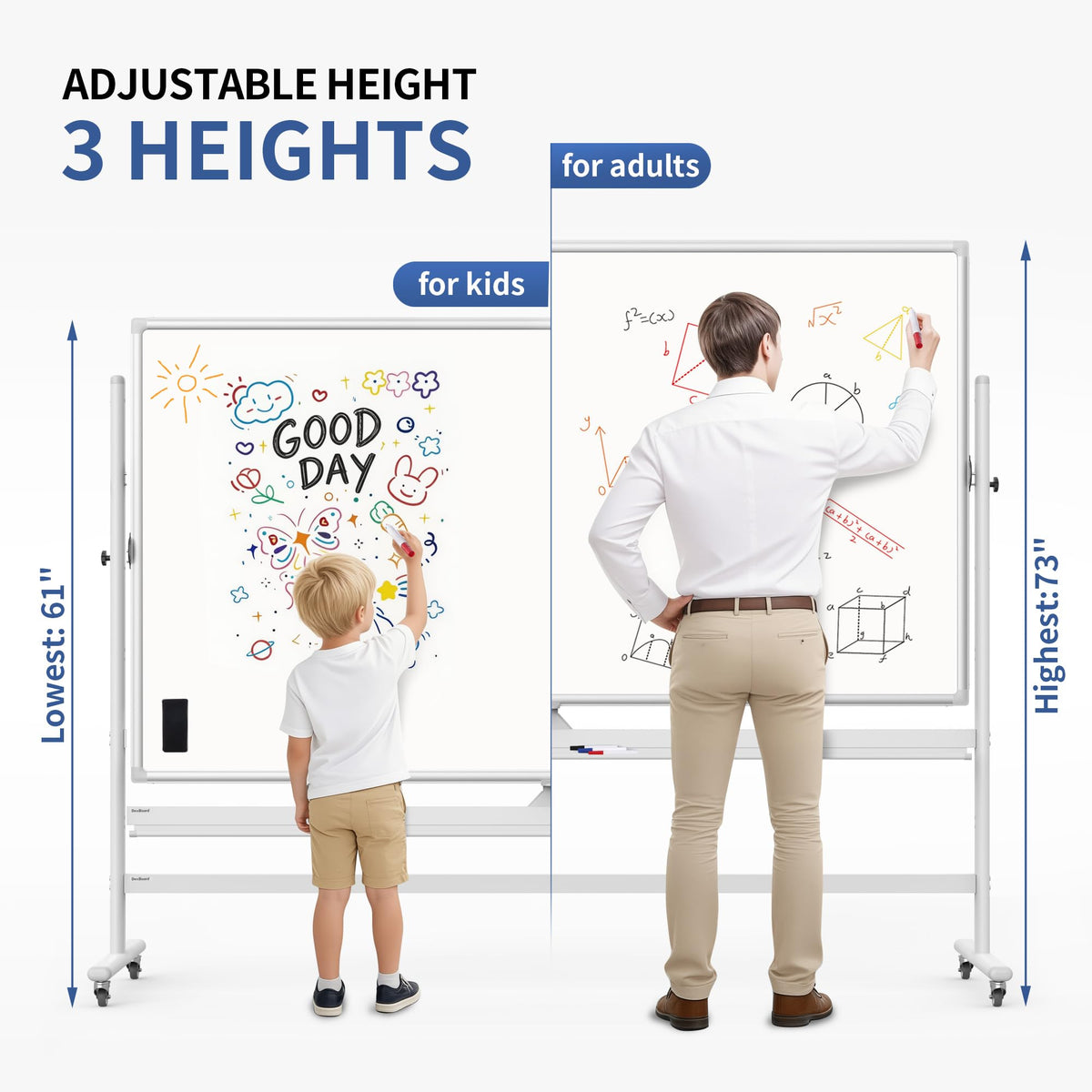 DexBoard Large Double Sided Whiteboard 72x40 inches on Wheels, Height Adjustable Mobile Magnetic Dry Erase Board with Rolling Stand for Office Meetings, Classroom Teaching, Home, Silver Frame
