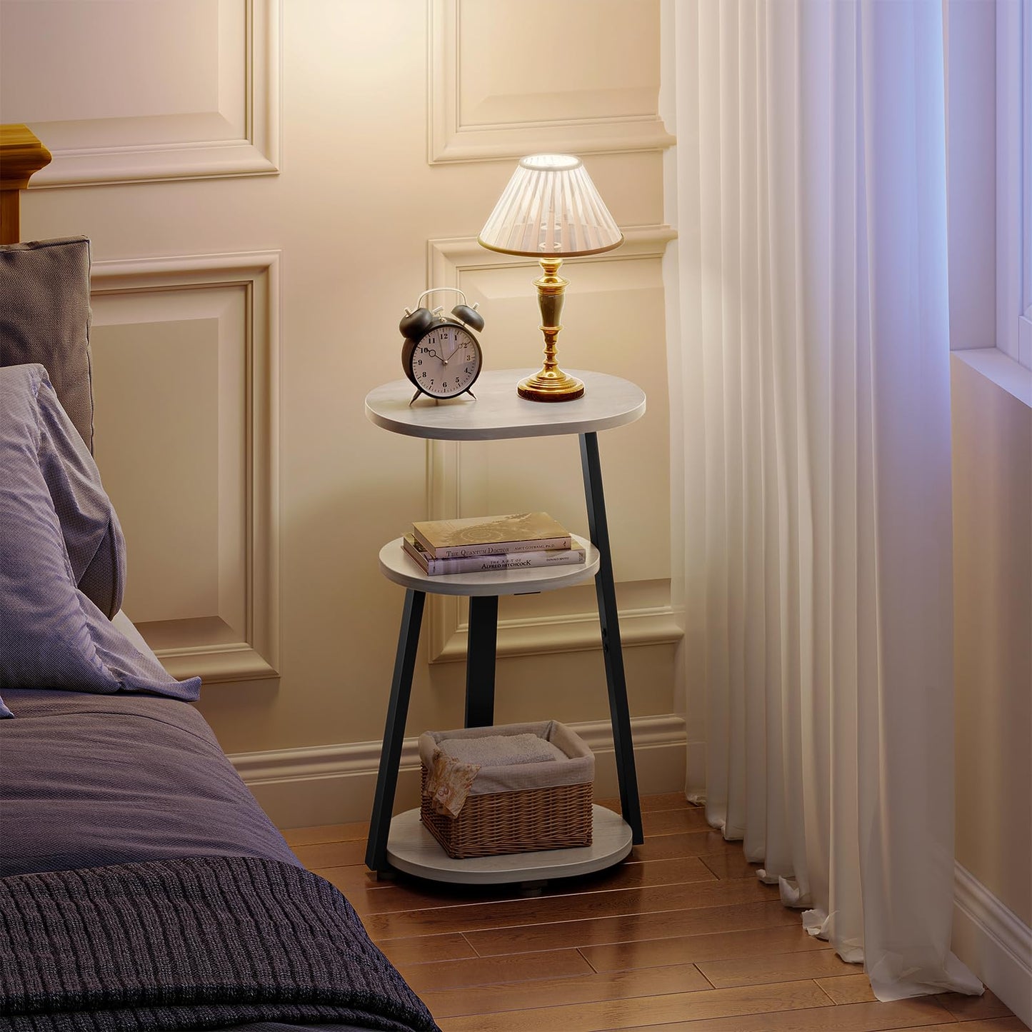 Kalrin Side Table, Small End Table with Metal Frame, 3-Tier Bedside Tables, Round Side Tables for Living Room Bedroom Couch Bathroom, Oval, White Maple