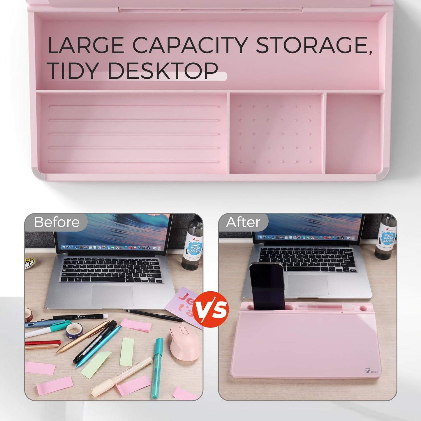 TOWON Small Compact Glass Desktop Whiteboard with Storage – 12 x 7 in Dry Erase Board for Desk, Home Office, School | Includes 5 Markers, Eraser & Holder | Space-Saving Organizer, Aesthetic Pink
